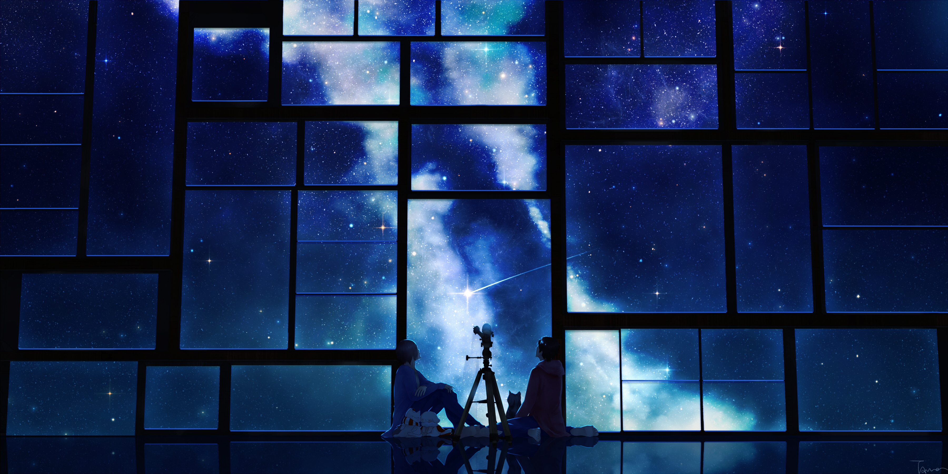 Couple stargazing through a window HD Wallpaper