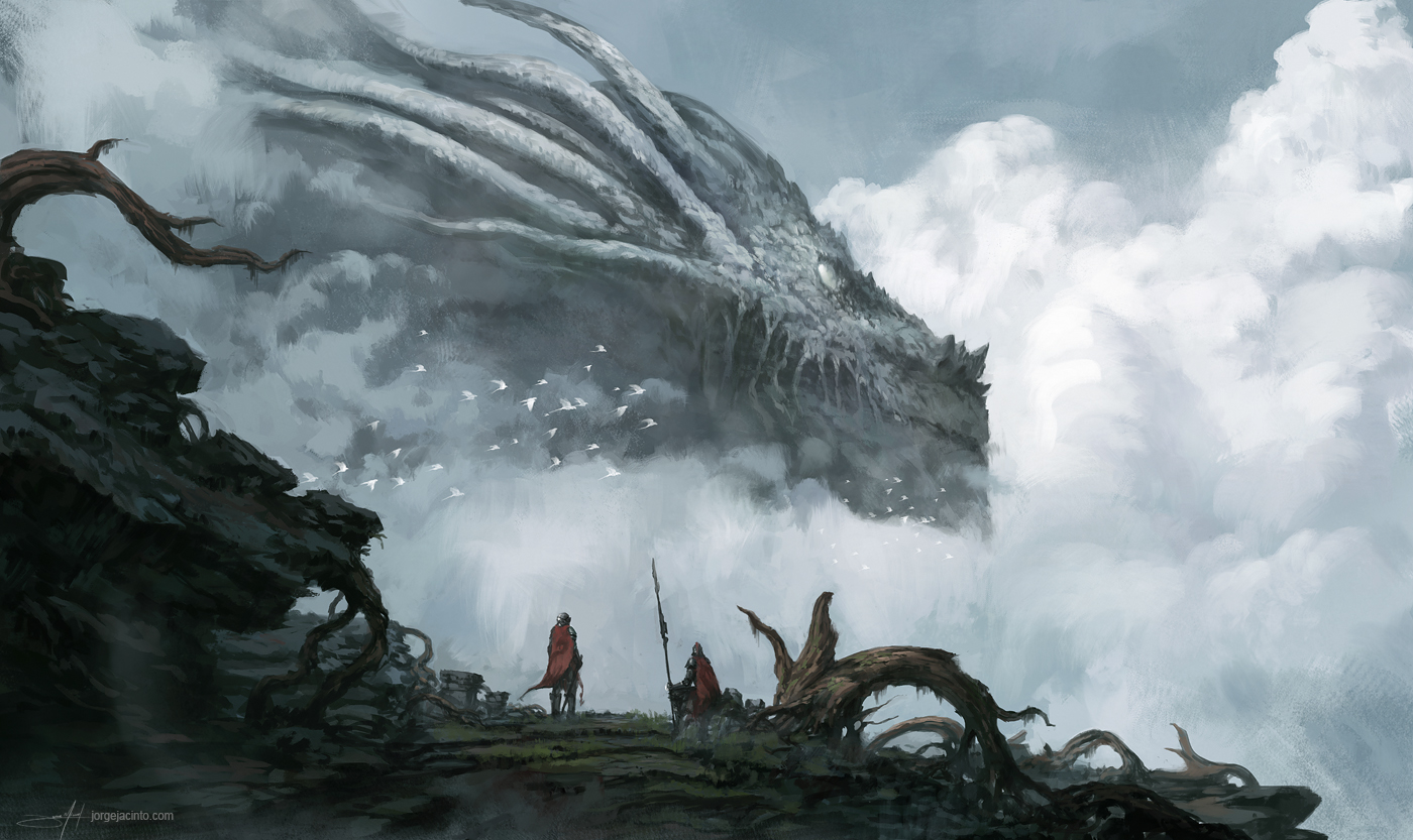 Dragon emerging from clouds with two figures below HD Wallpaper