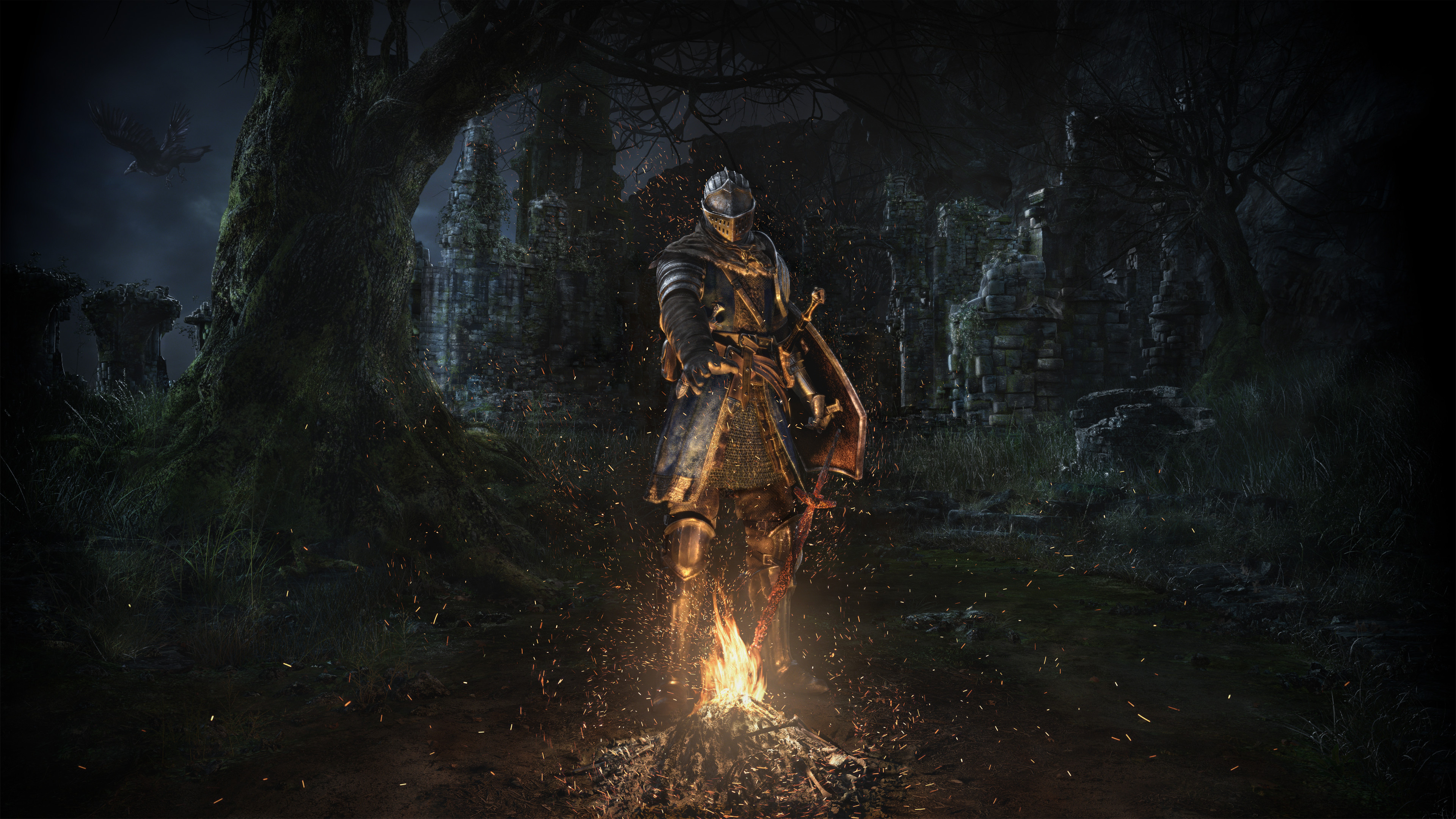 Knight standing by a bonfire in Dark Souls HD Wallpaper