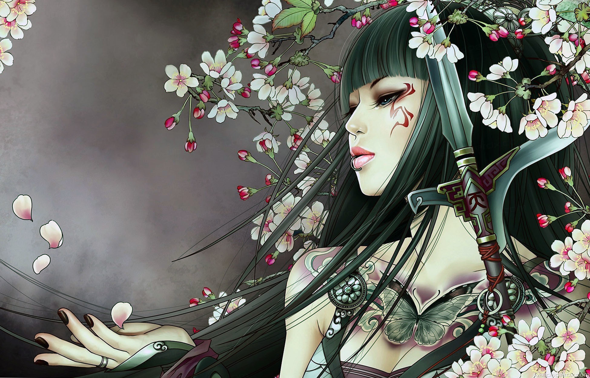 Woman with sword and cherry blossoms HD Wallpaper