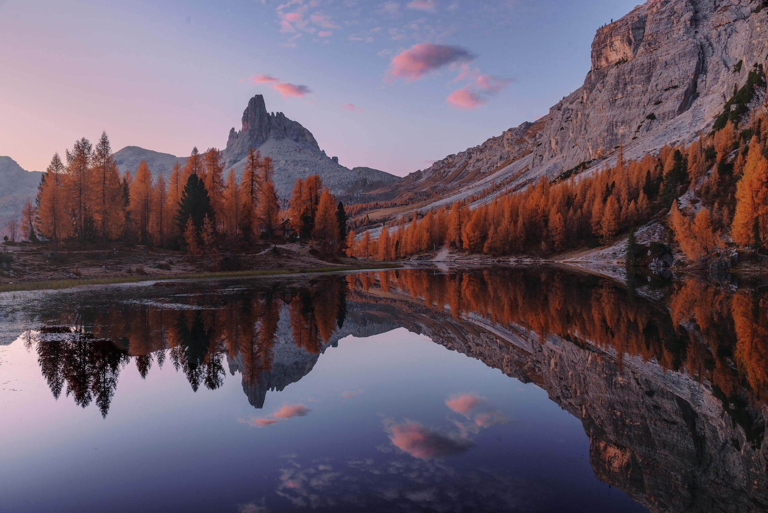 Autumn trees reflected in a mountain lake at sunrise HD Wallpaper