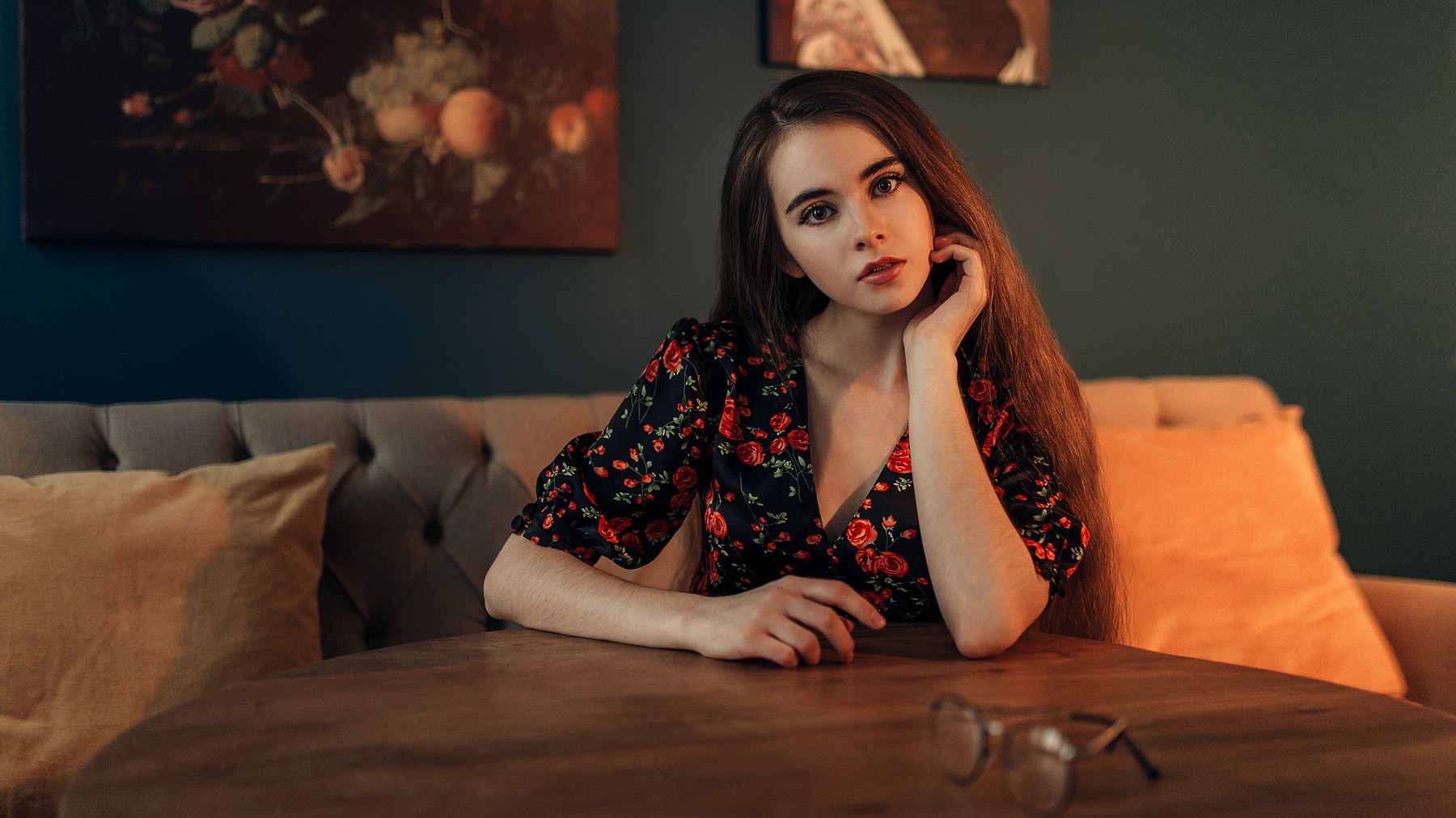 Woman with long brown hair wearing a floral dress HD Wallpaper