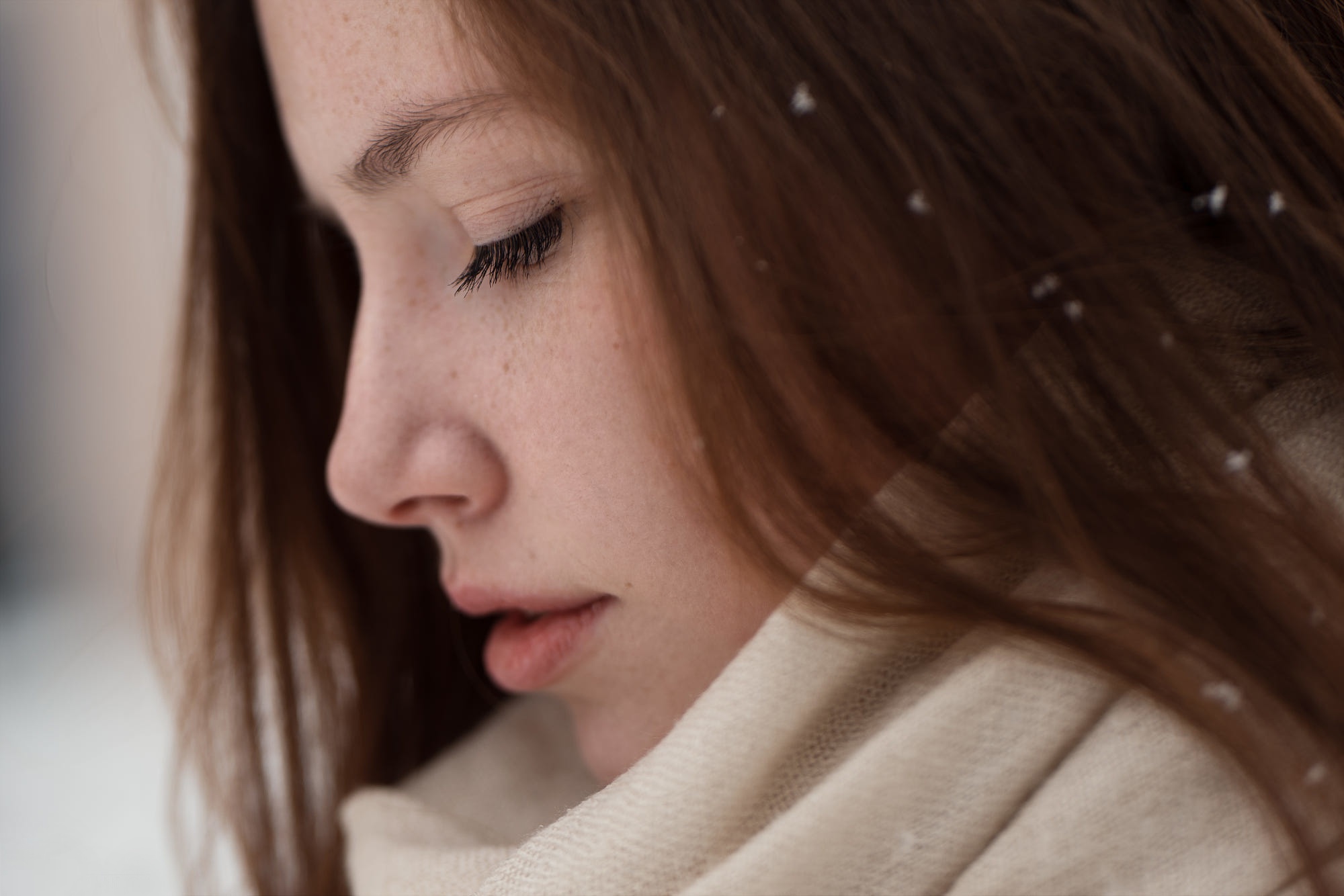 Woman with freckles and brown hair in scarf HD Wallpaper