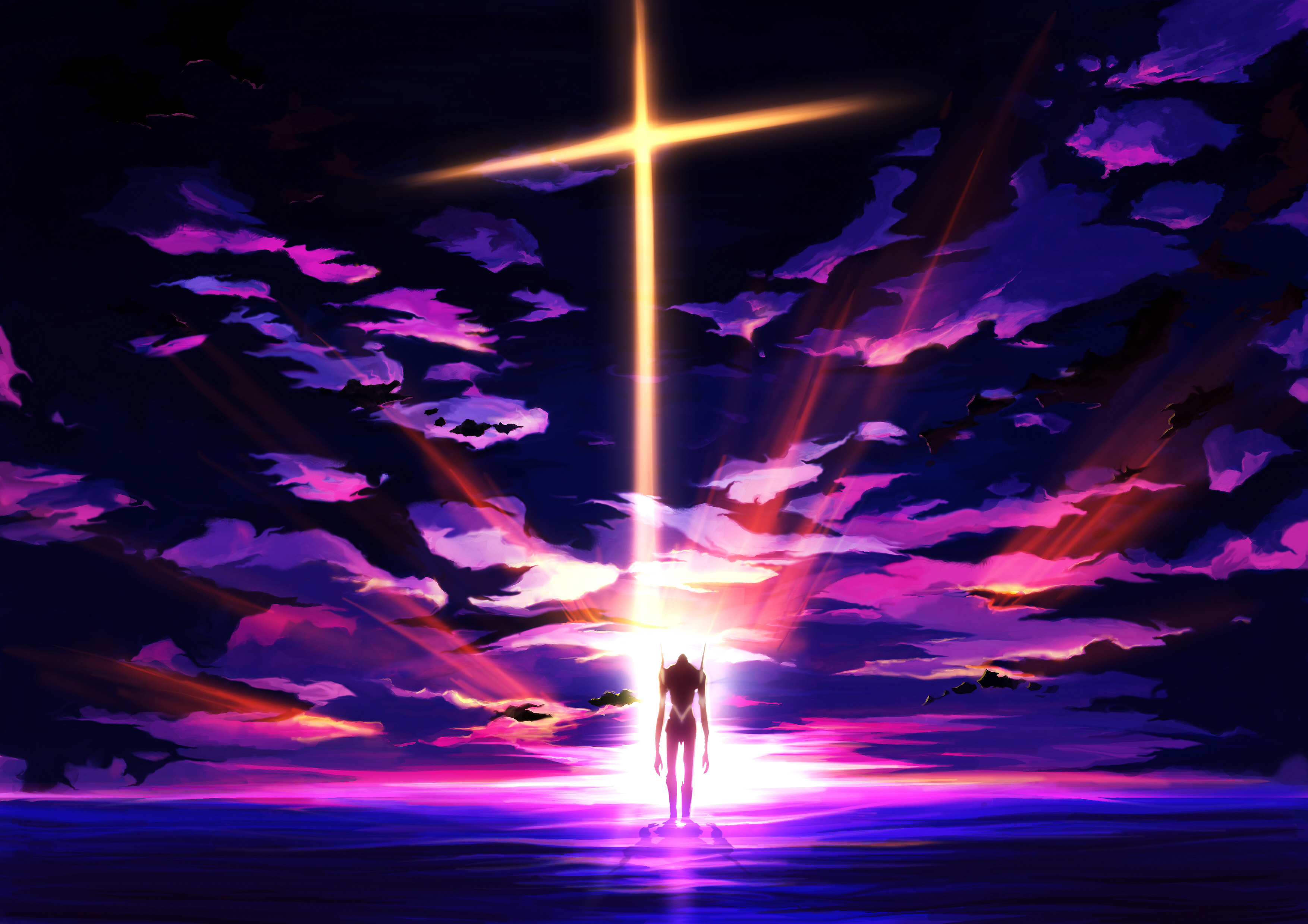 EVA Unit 01 from Neon Genesis Evangelion under a cross-shaped light HD Wallpaper