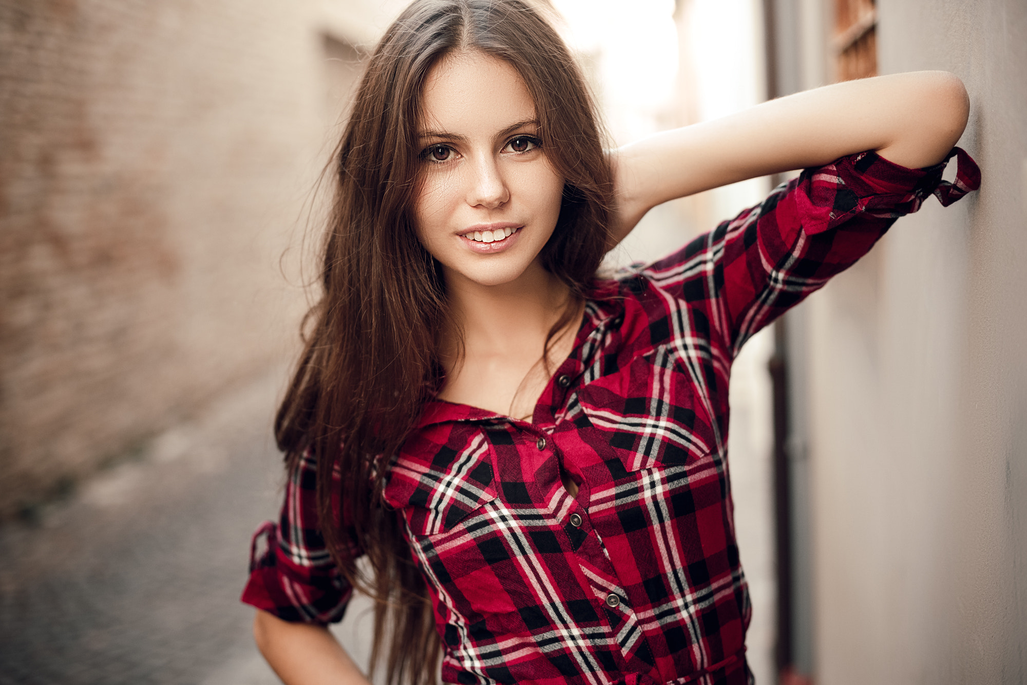 brown eyes, face, women outdoors, straight hair, portrait, depth of field, long hair, shirt, smiling, open mouth, women, plaid shirt HD Wallpaper
