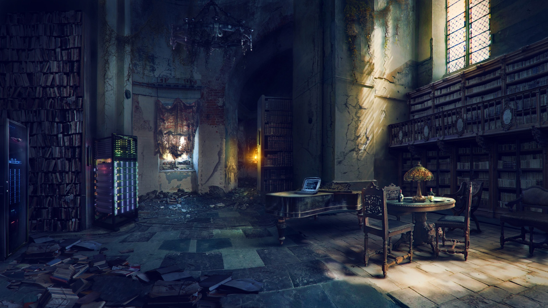 Abandoned library with bookshelves, laptop, and server HD Wallpaper
