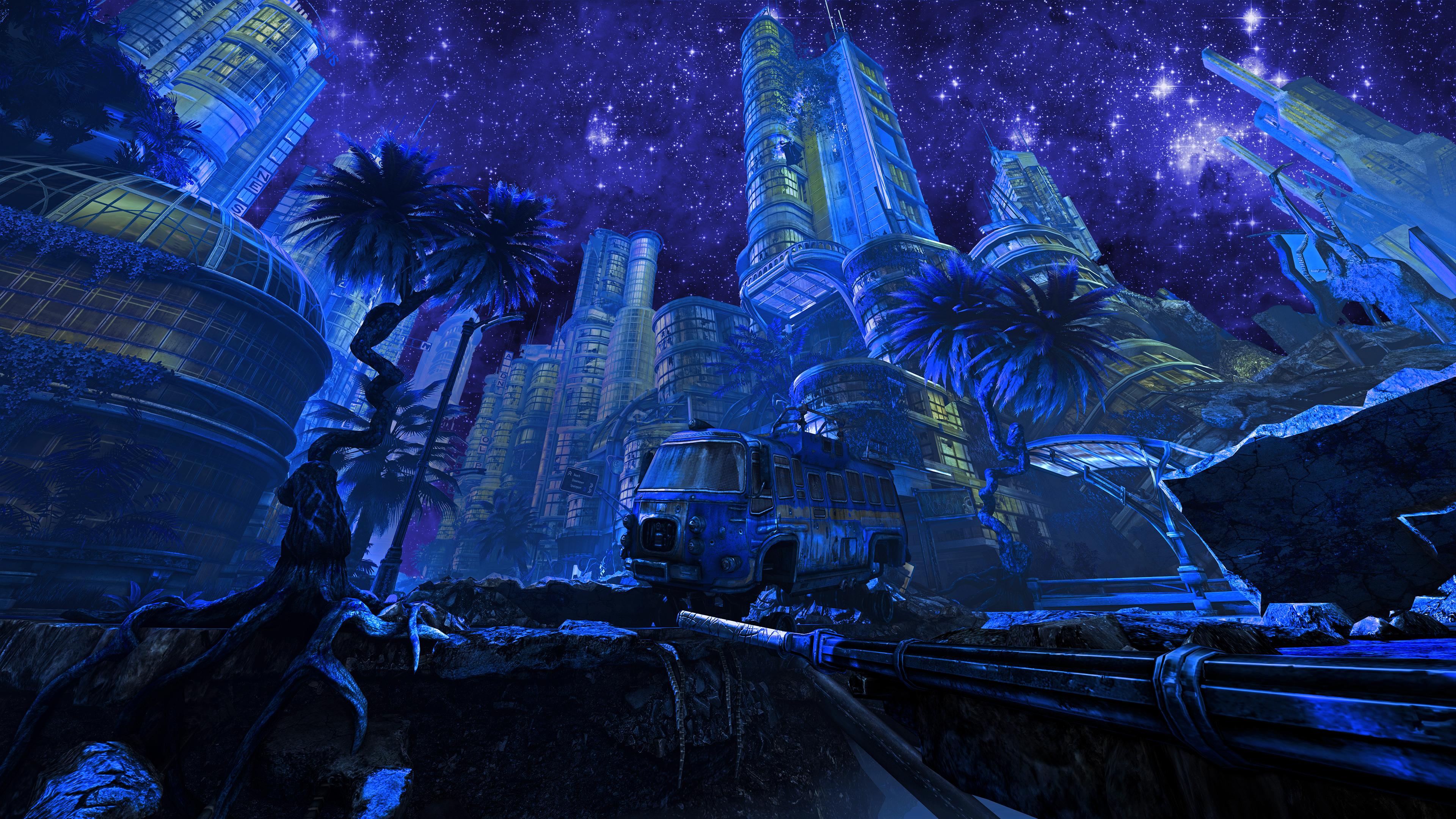 Futuristic Cityscape with Abandoned Bus Under Starry Sky HD Wallpaper