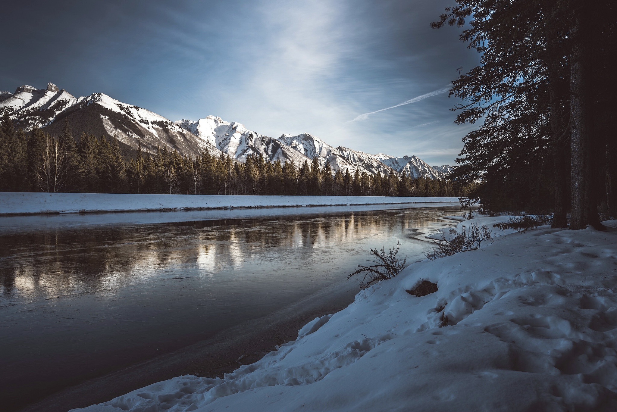 Snowy mountains and river landscape HD Wallpaper