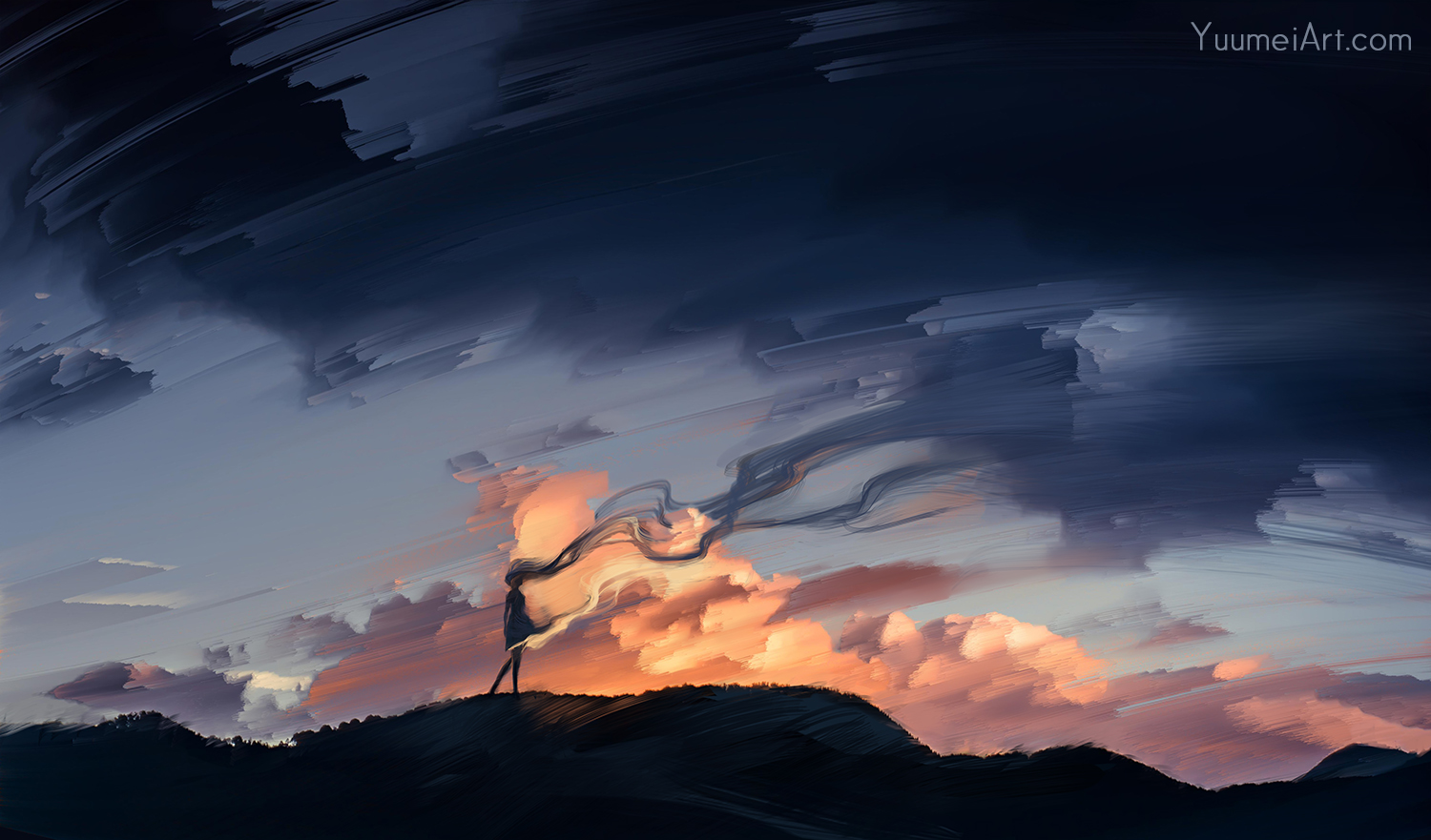 Woman with flowing hair against a sunset sky HD Wallpaper