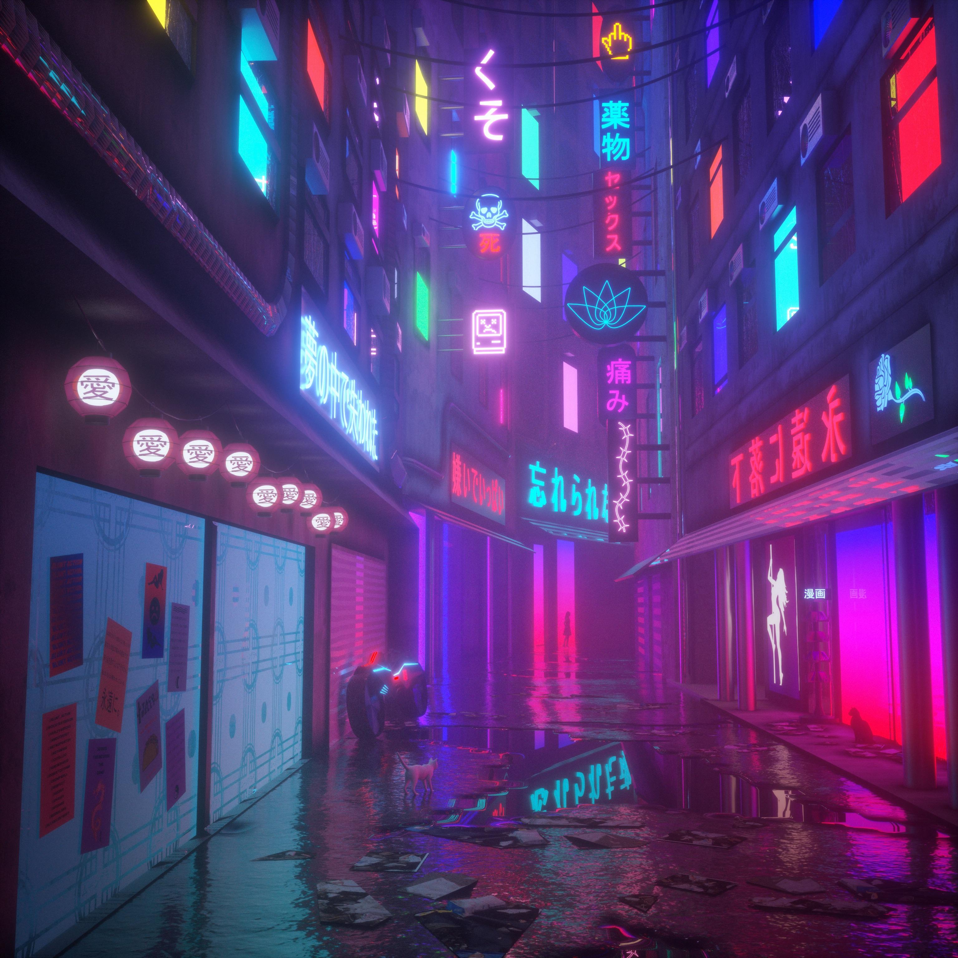 Cyberpunk alley with neon signs and reflections HD Wallpaper