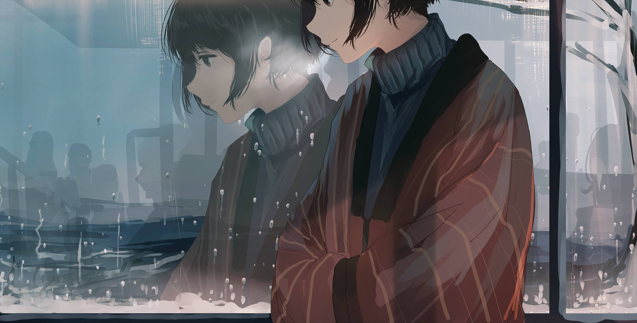 Anime girl in striped robe looking out a rainy window HD Wallpaper