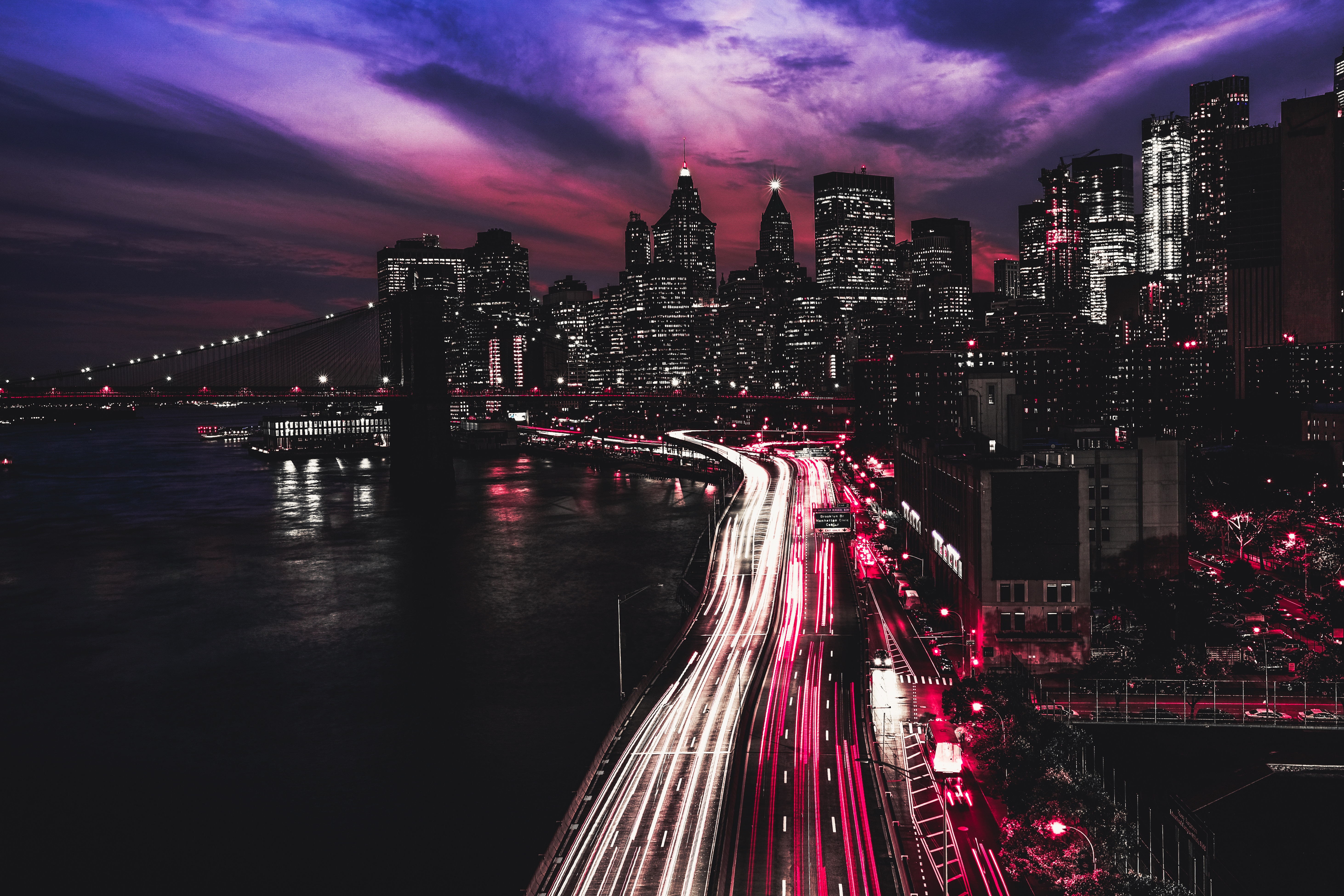 Manhattan cityscape at night with light trails HD Wallpaper