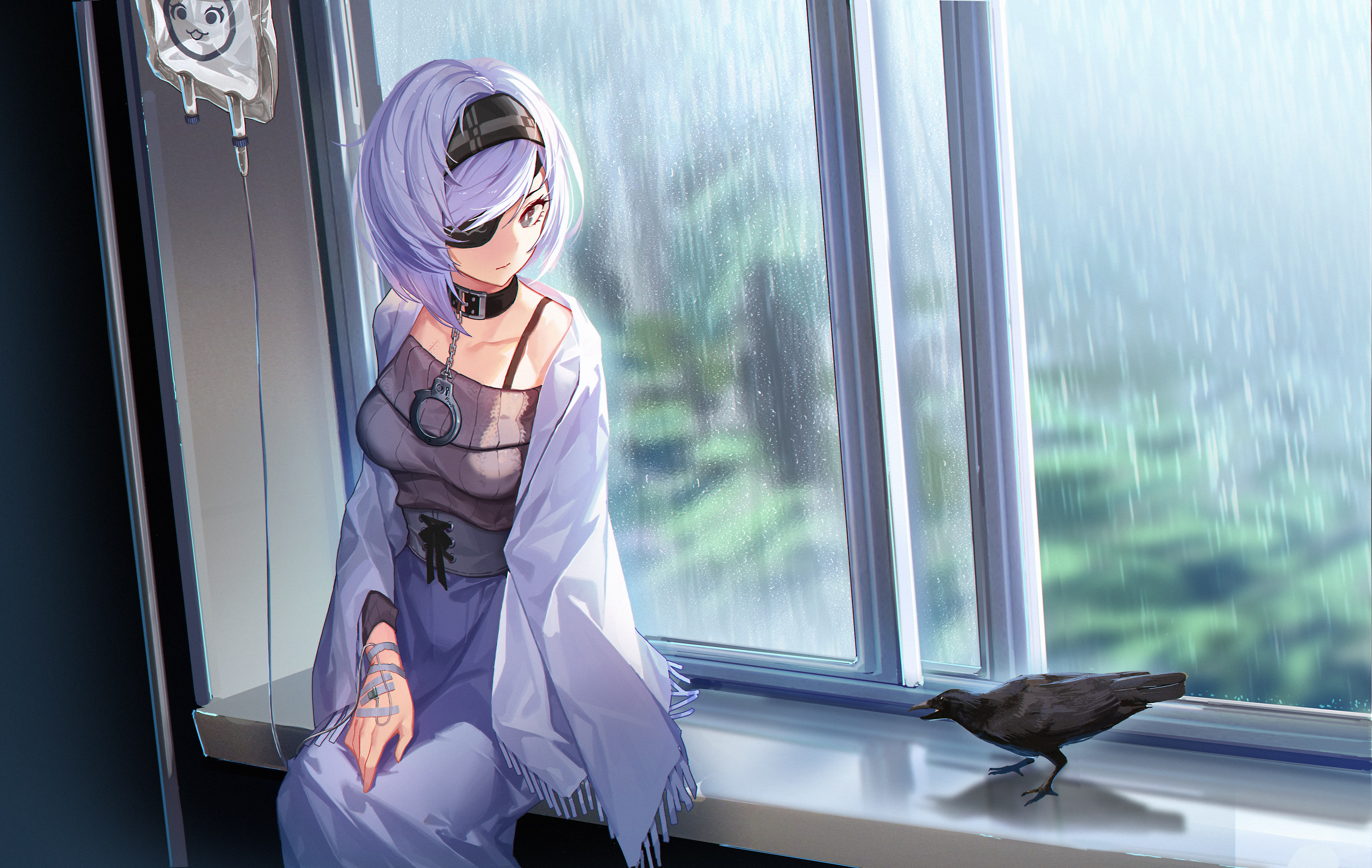 Girl with eyepatch and handcuffs by window during rain HD Wallpaper