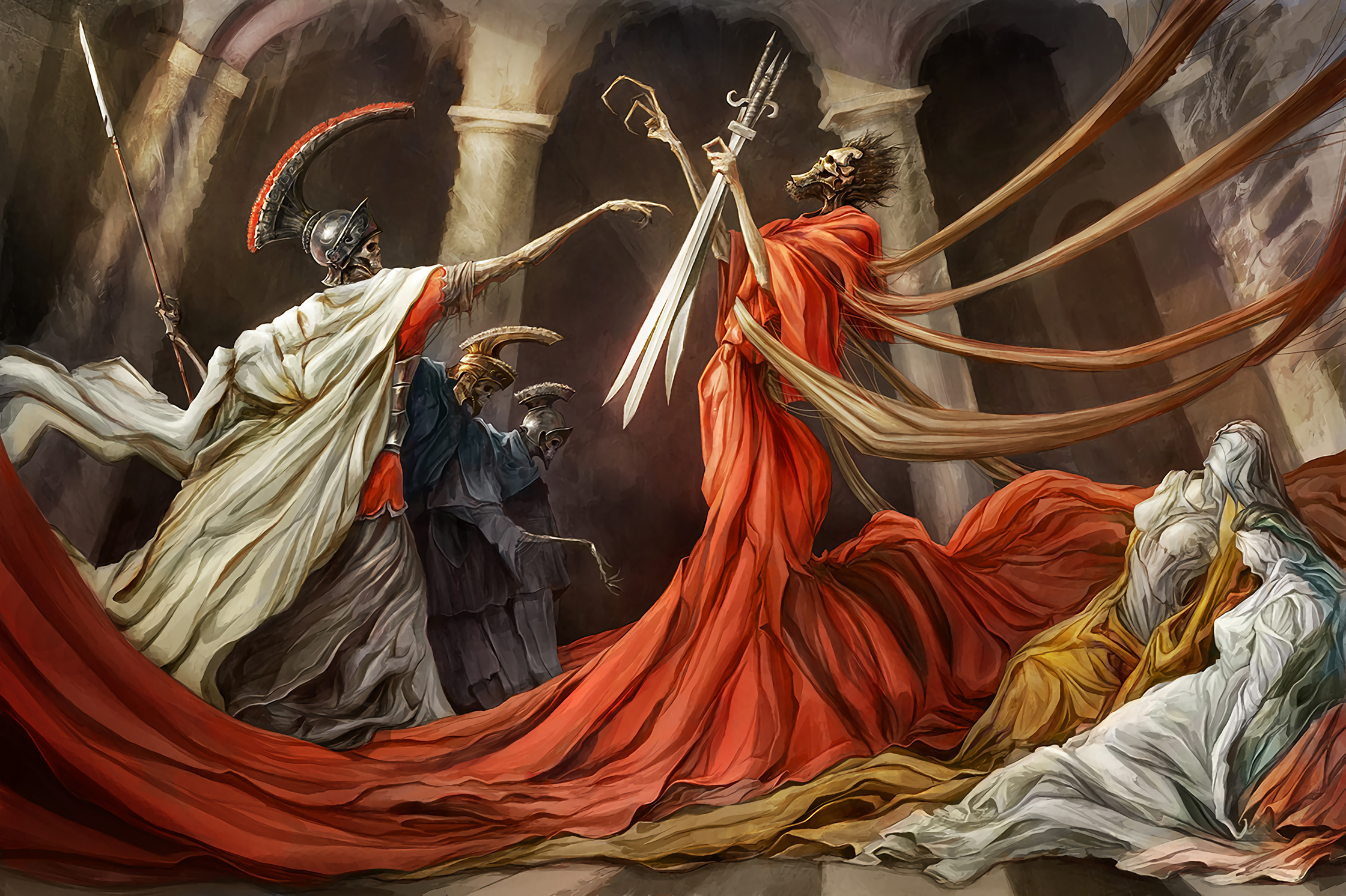 Skeleton warriors in Roman armor and robes with swords and spears HD Wallpaper