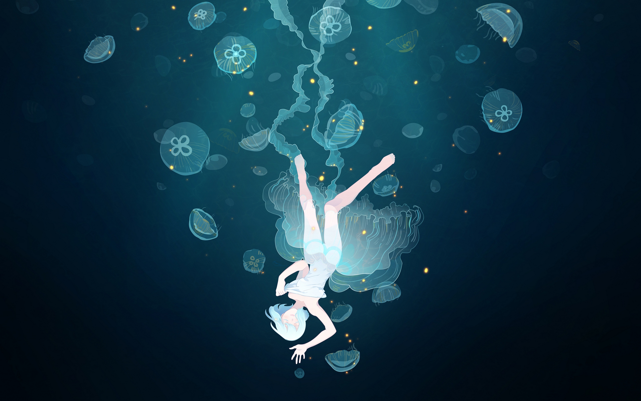 Girl falling surrounded by jellyfish HD Wallpaper