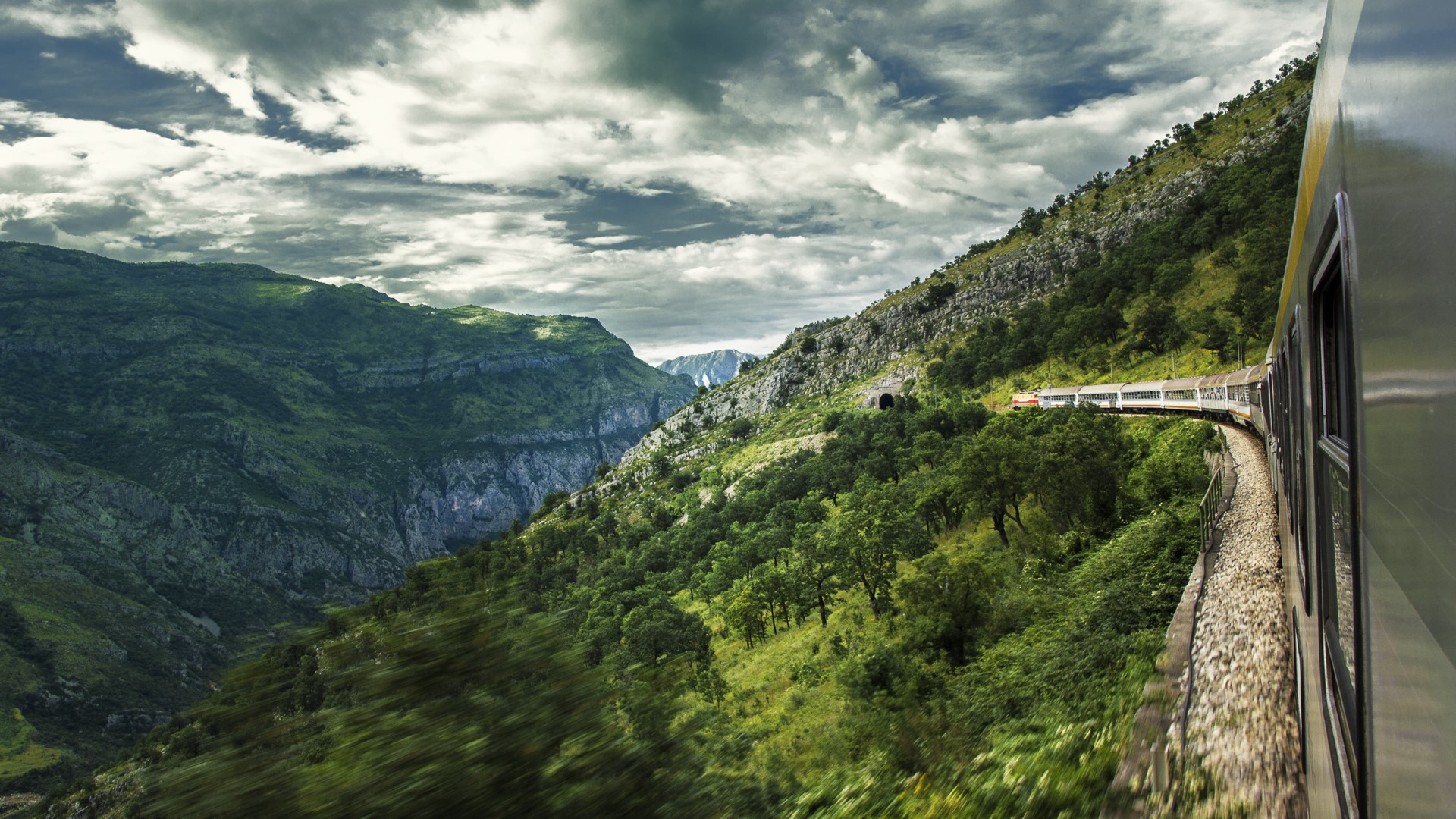 clouds, nature, trees, landscape, train HD Wallpaper