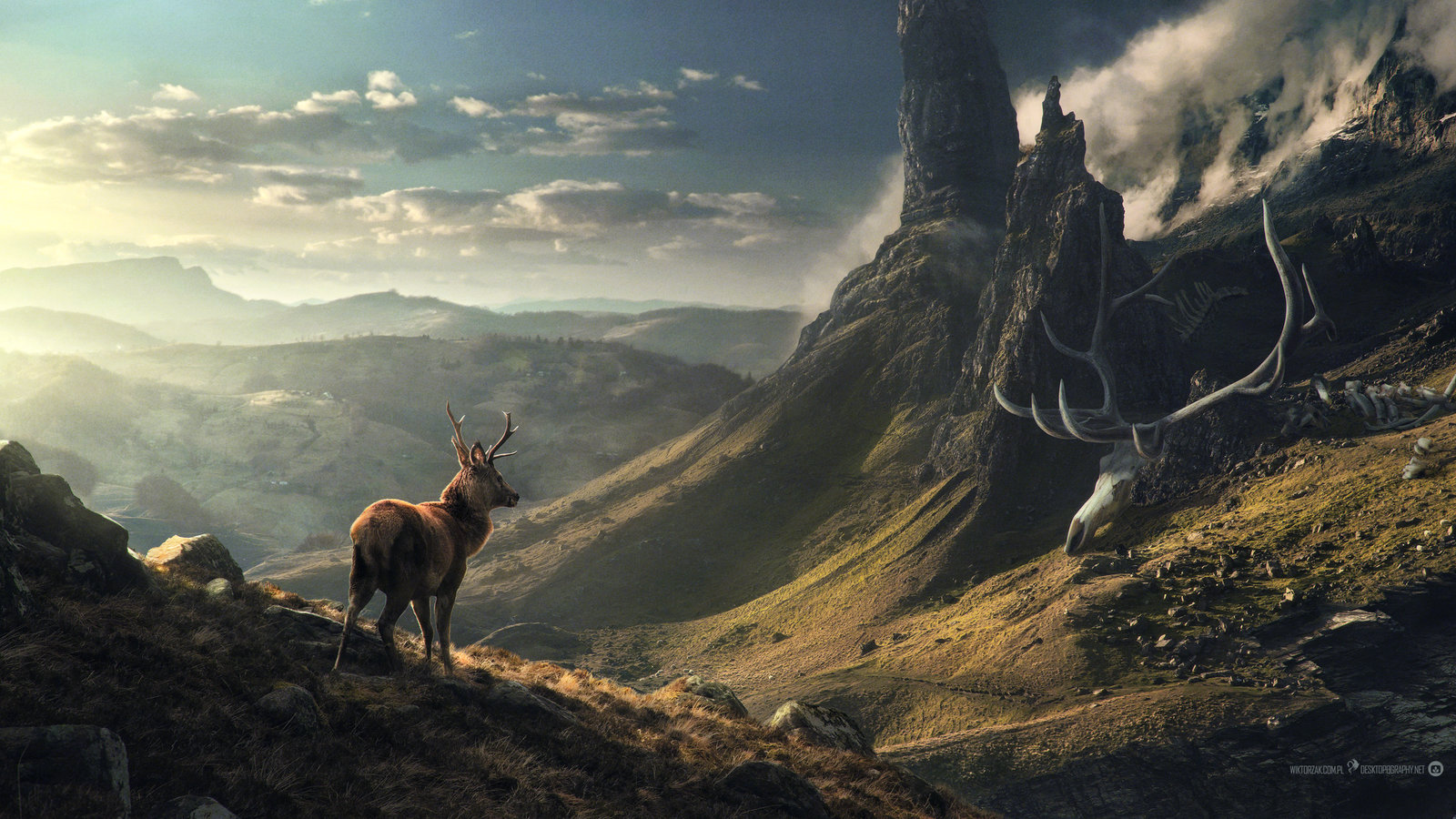 Deer and giant deer skeleton in a mountainous landscape HD Wallpaper
