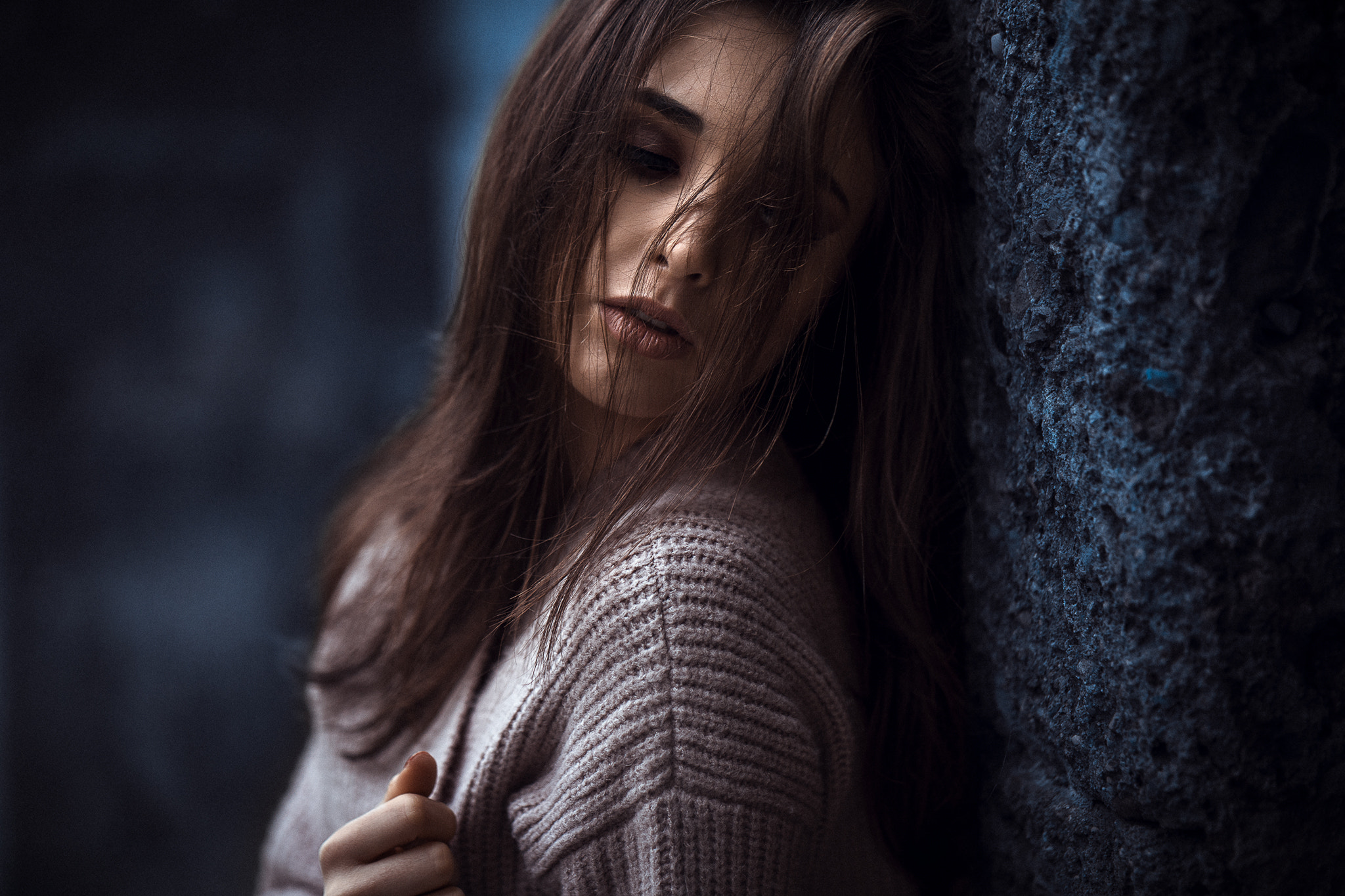 Portrait of a woman with hair in her face HD Wallpaper