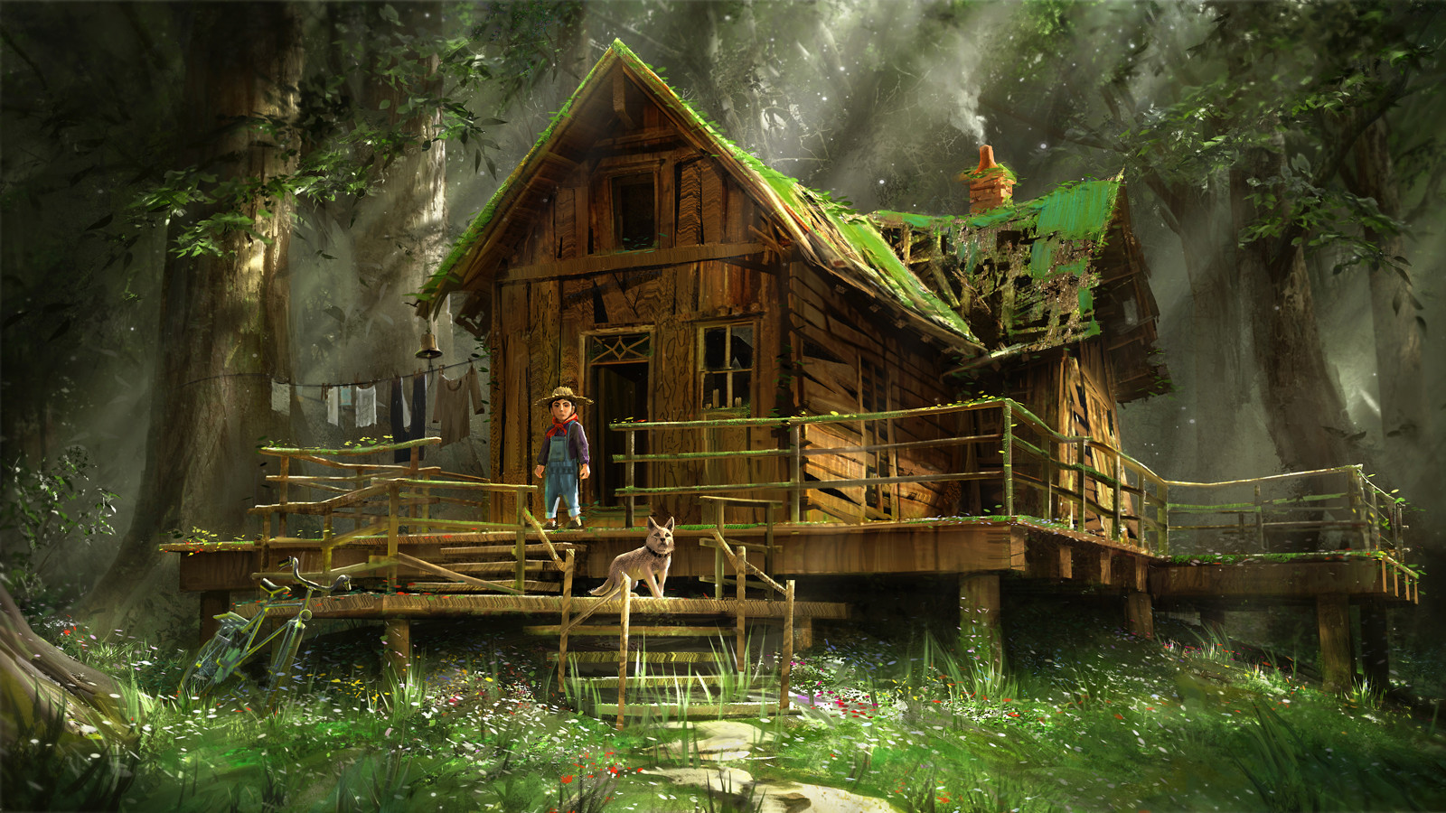 Boy and dog in front of a wooden house in the forest HD Wallpaper