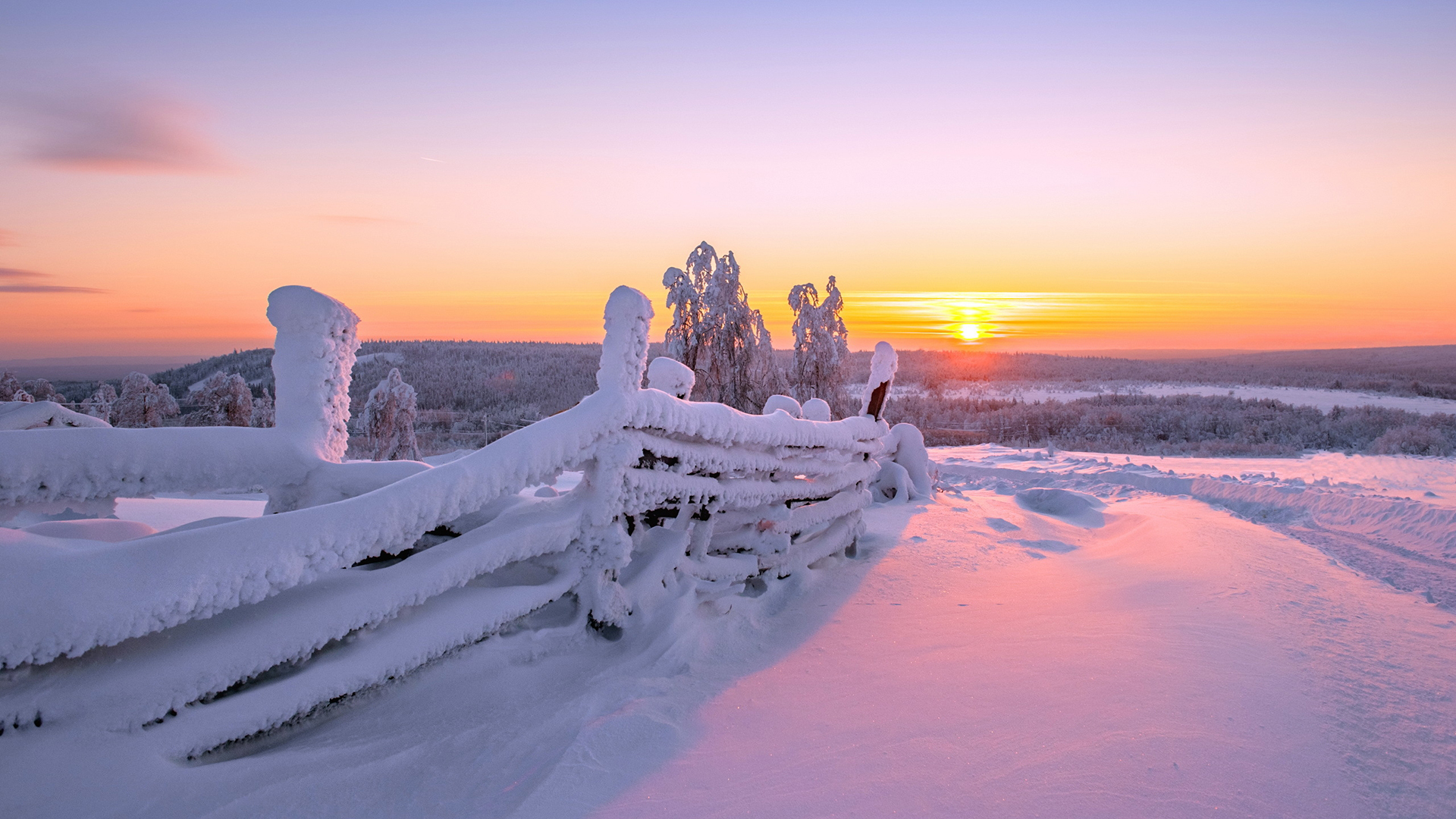 Snow-covered fence at sunrise in winter landscape HD Wallpaper