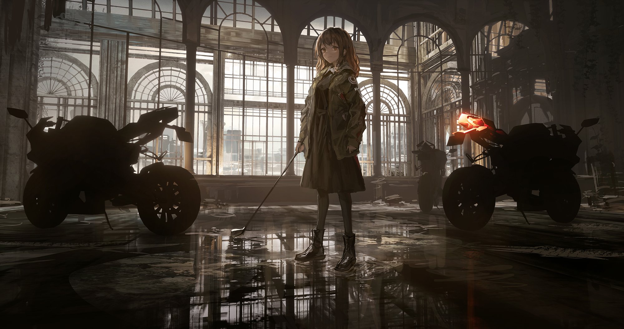 Anime girl with a golf club and motorcycles in a ruined building HD Wallpaper