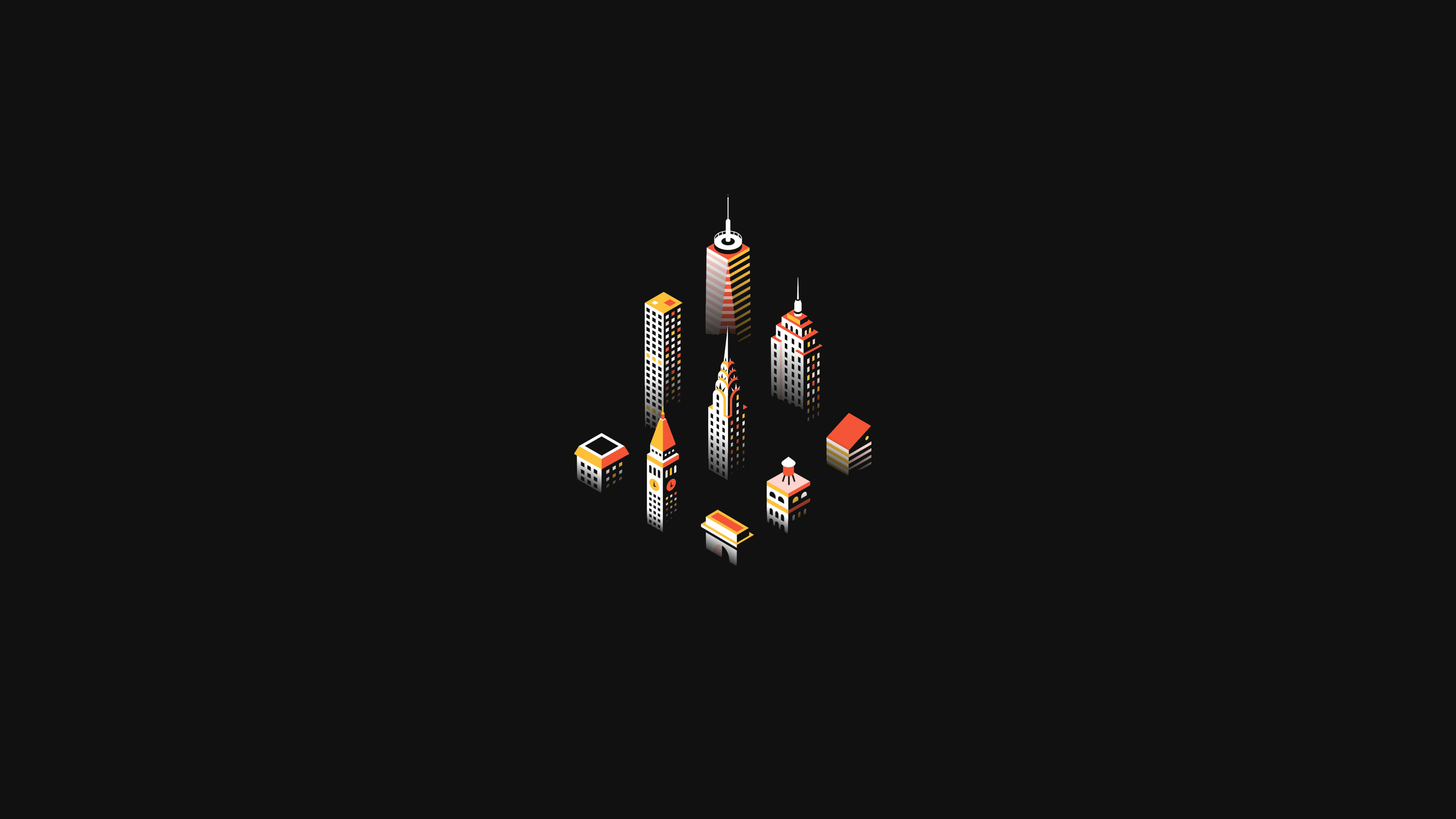 Isometric illustration of various buildings on a black background HD Wallpaper