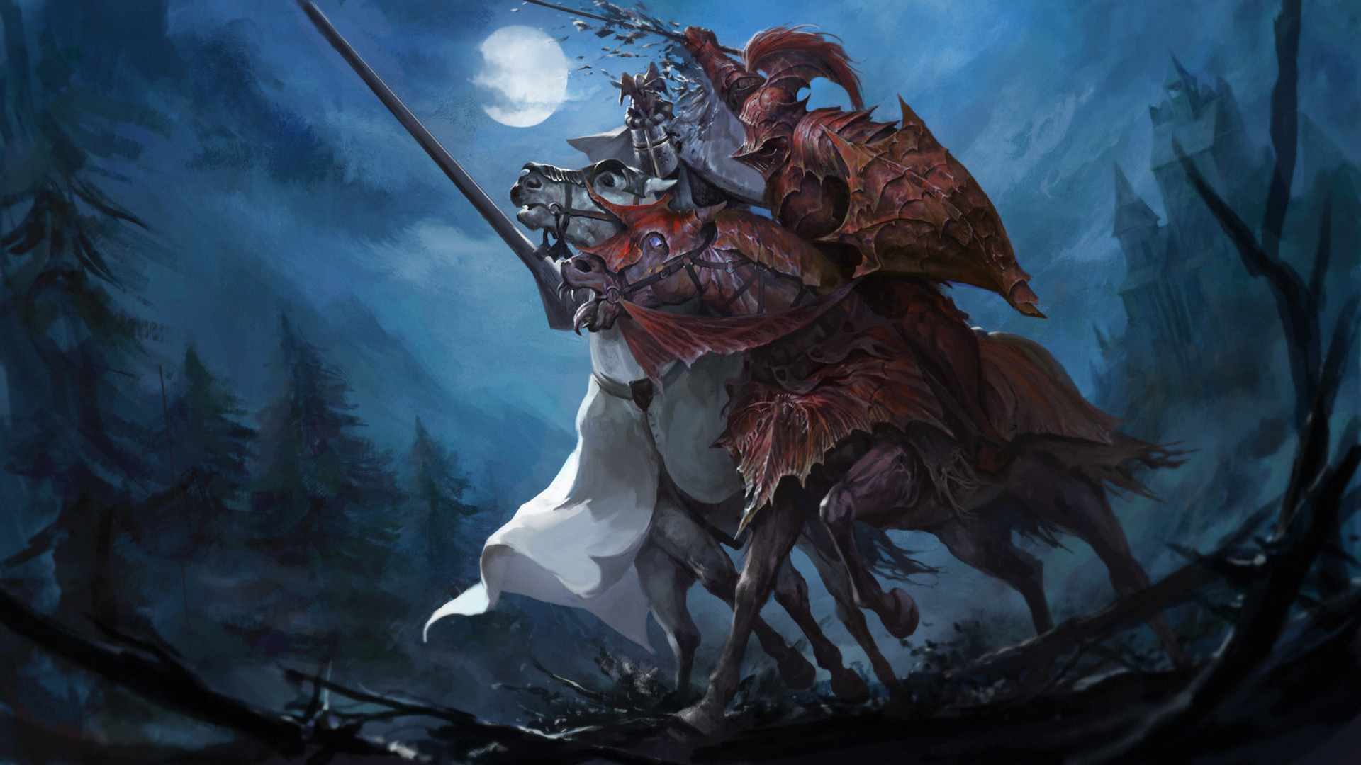 Knight on horseback with dragon armor in a forest at night HD Wallpaper