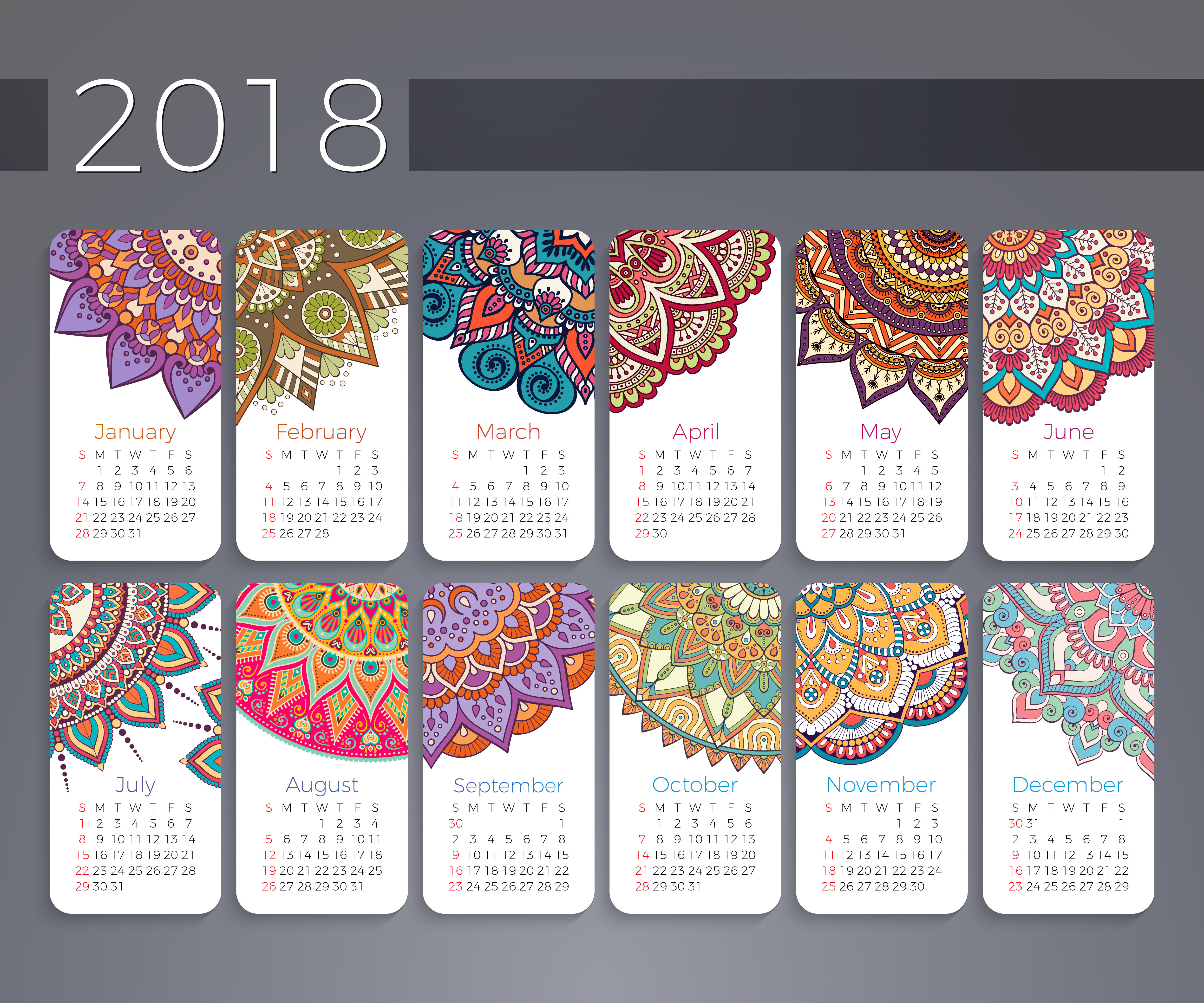 2018 Calendar with Mandala Designs HD Wallpaper