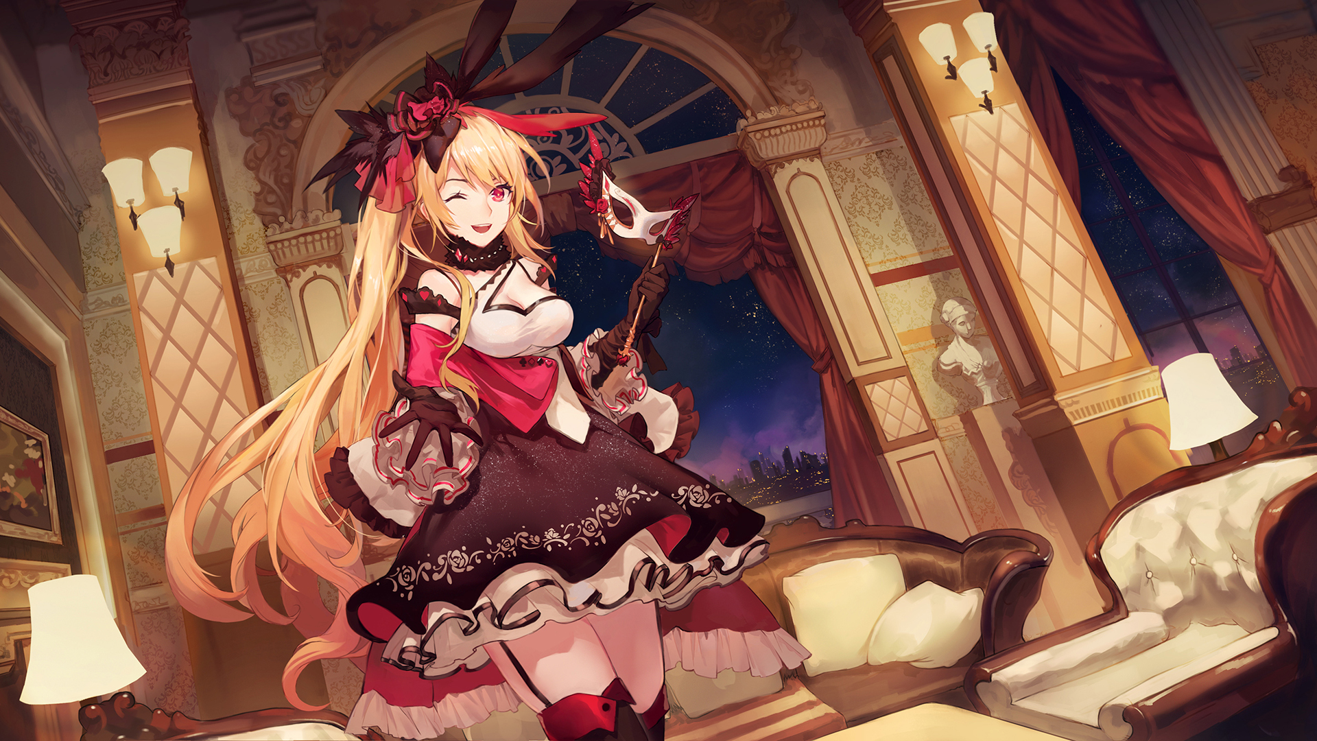 Blonde girl with red eyes and mask HD Wallpaper