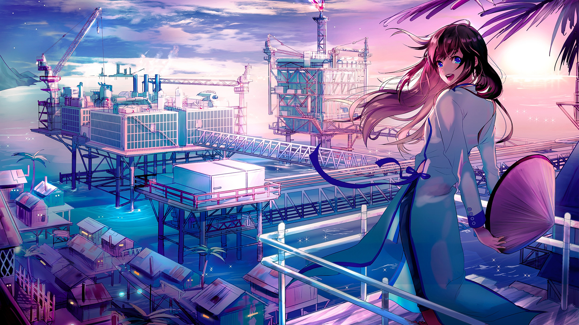 Anime girl with ribbon on industrial oil rig at sunset HD Wallpaper
