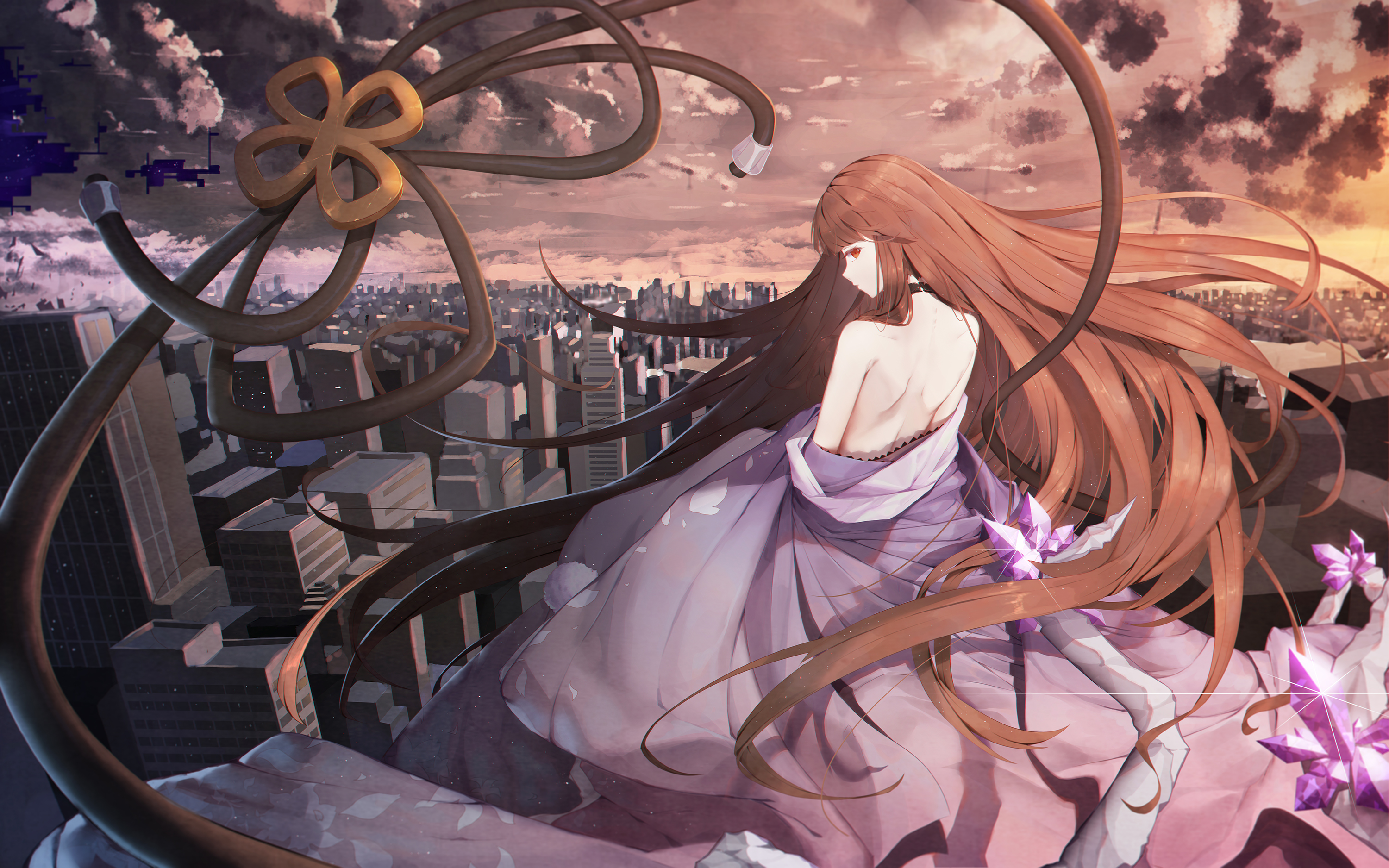 Anime girl with long brown hair and purple dress overlooking city HD Wallpaper