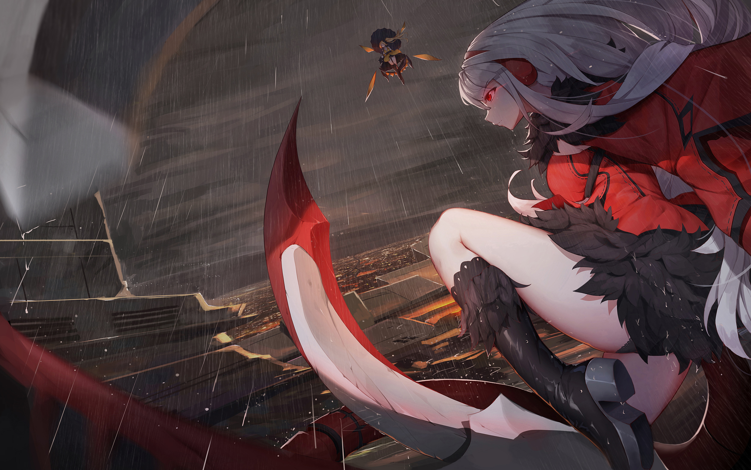 Anime girl with red cape and scythe in rain HD Wallpaper