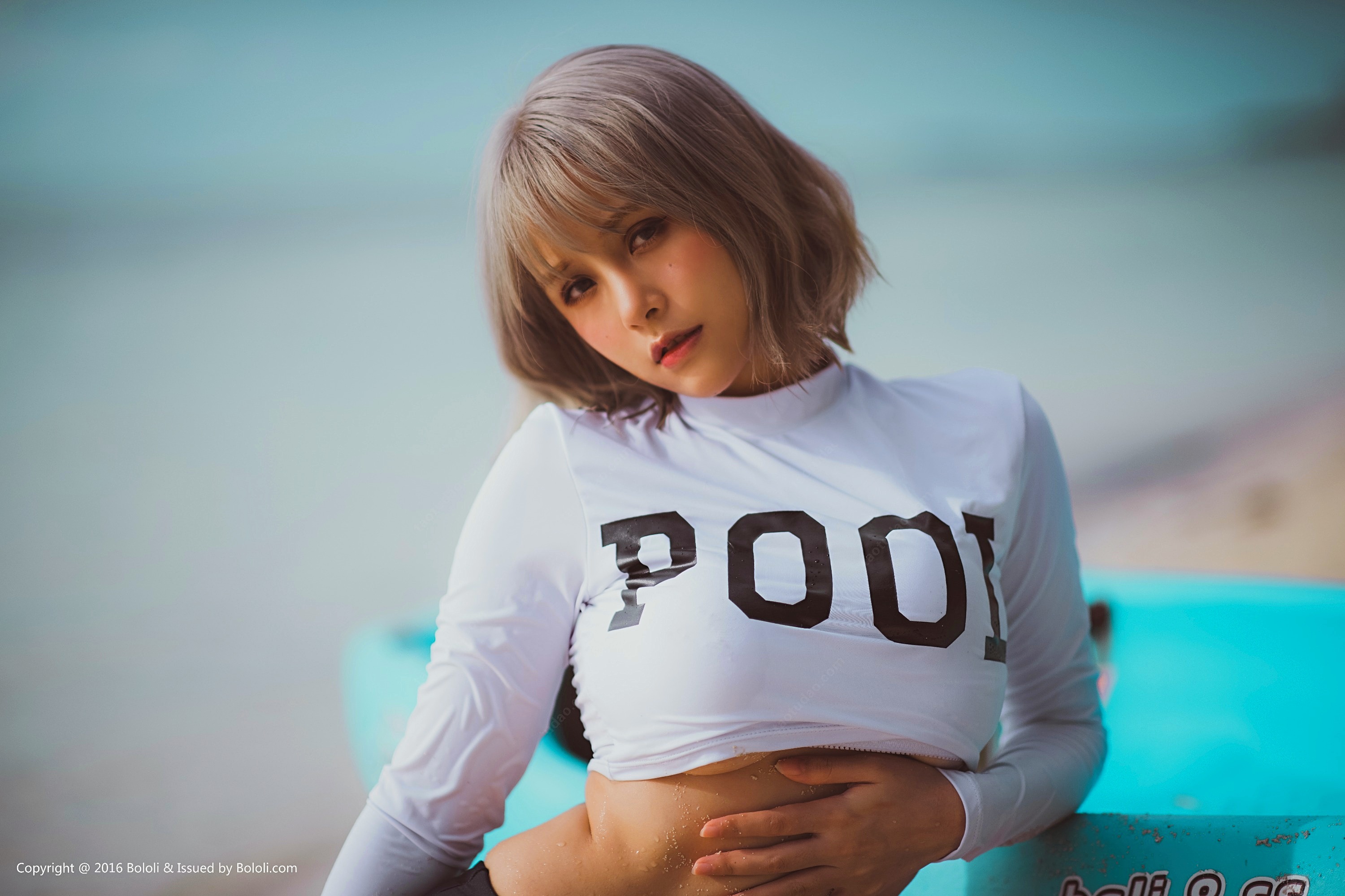 women, short hair, beach, Xià Měi Jiàng, T-shirt, underboob, bololi HD Wallpaper