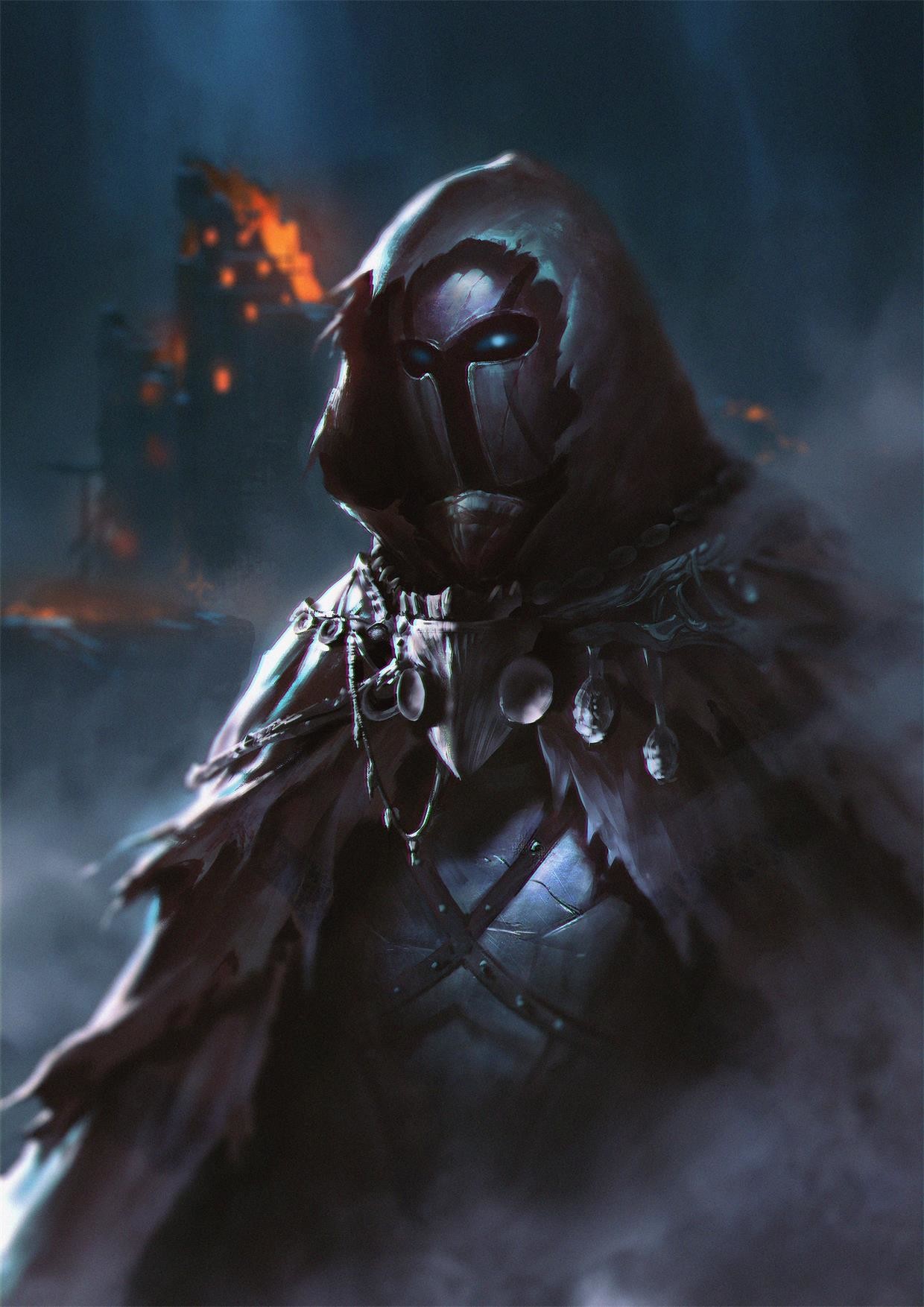 Figure in a dark hood and mask with glowing eyes HD Wallpaper
