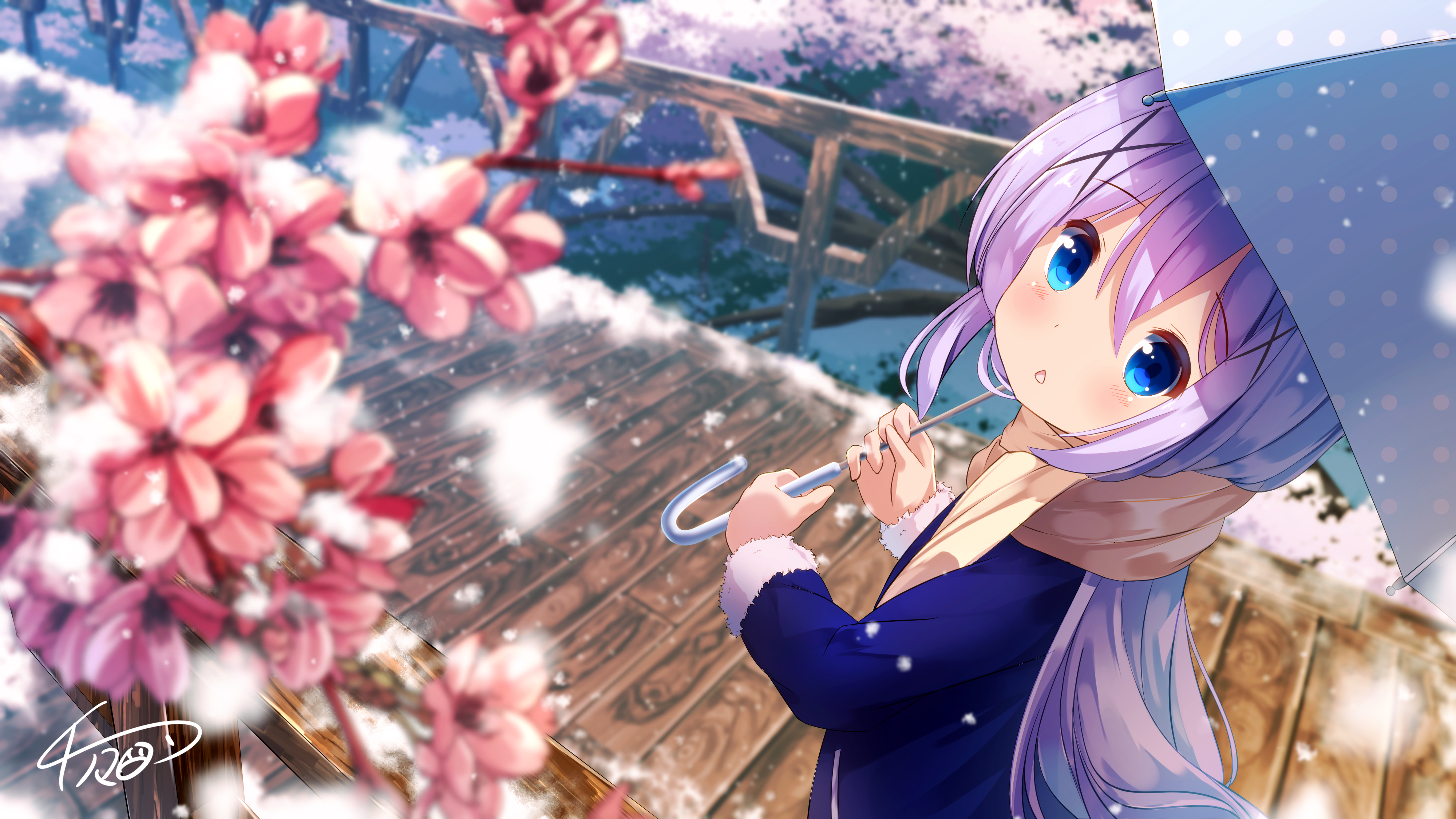 Kafuu Chino from Gochuumon wa Usagi Desu ka? with umbrella in snow HD Wallpaper