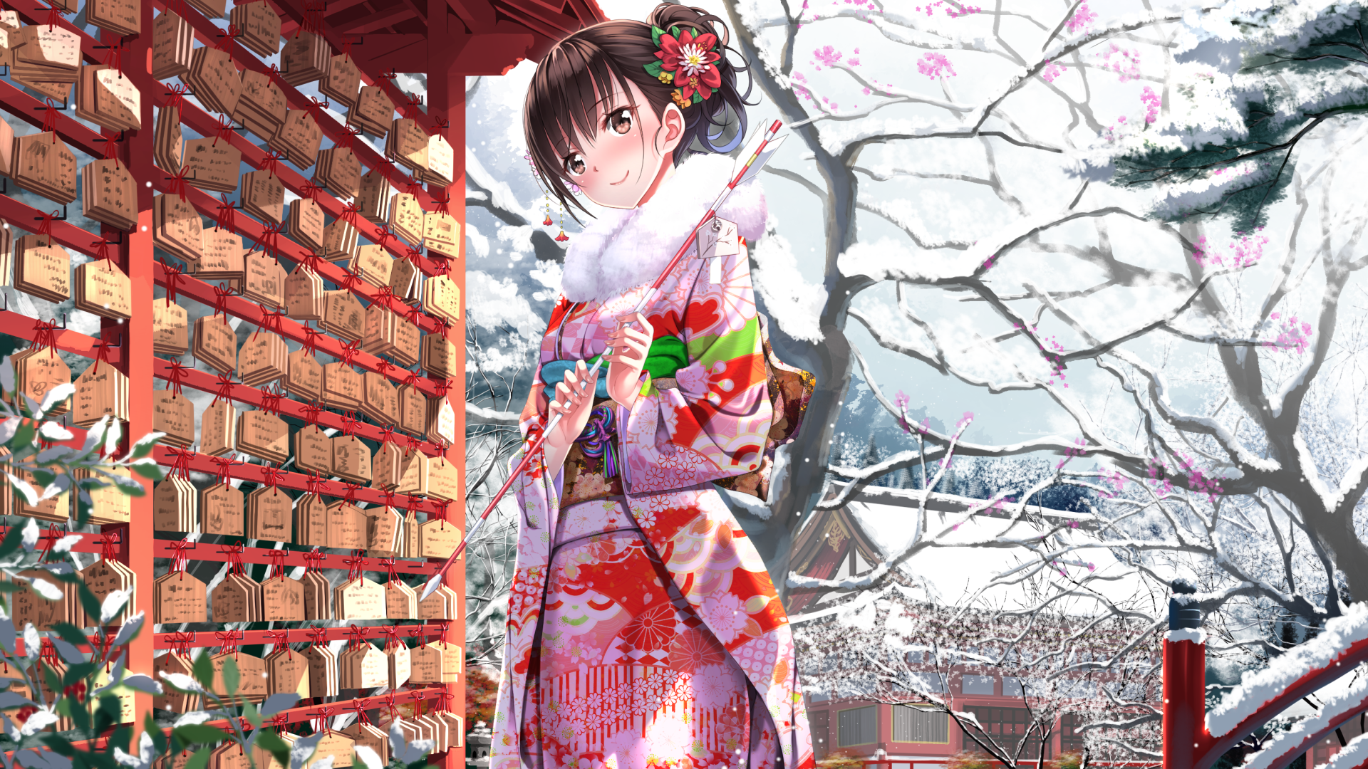 Anime girl in kimono at a snowy shrine HD Wallpaper