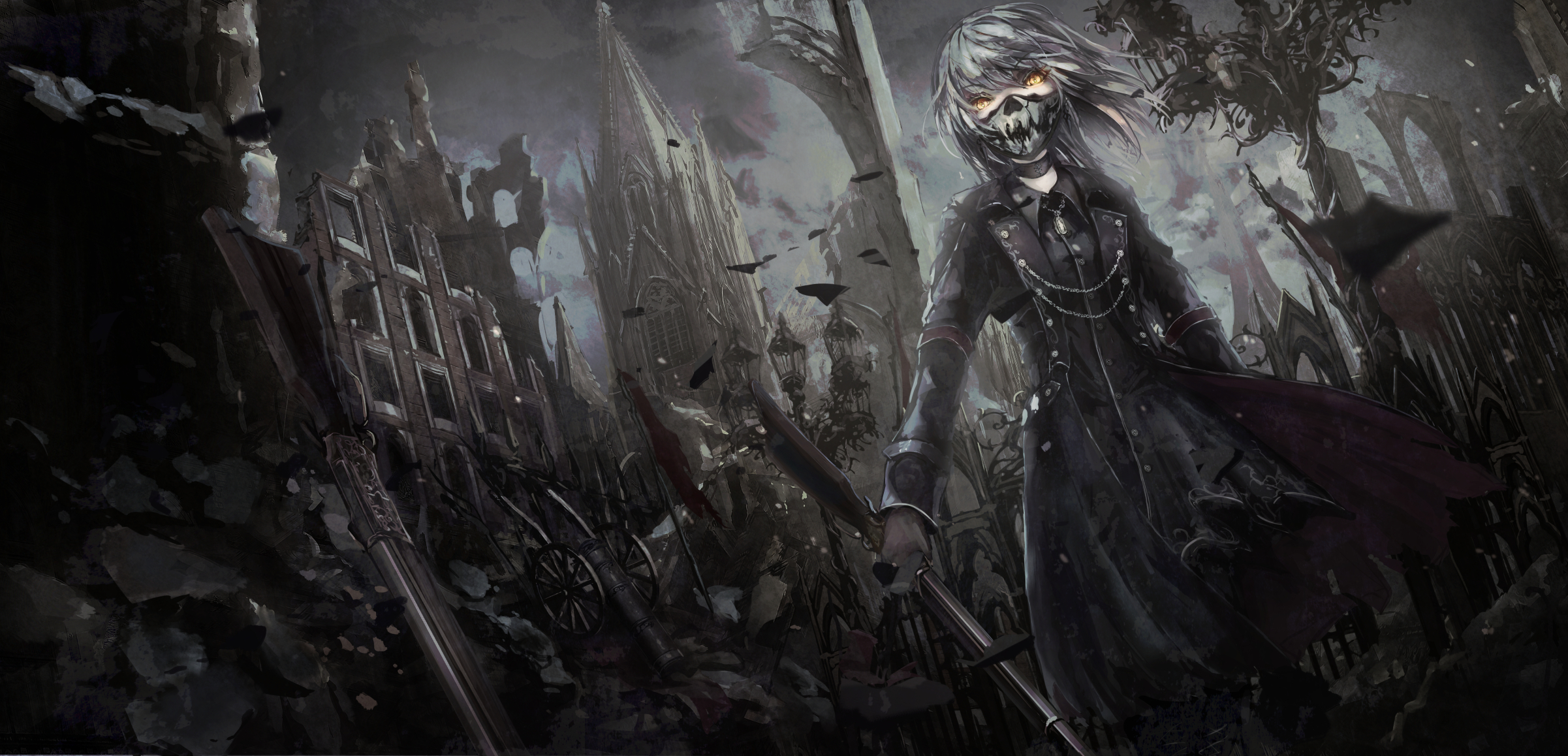 Anime girl with mask and sword in ruined city HD Wallpaper