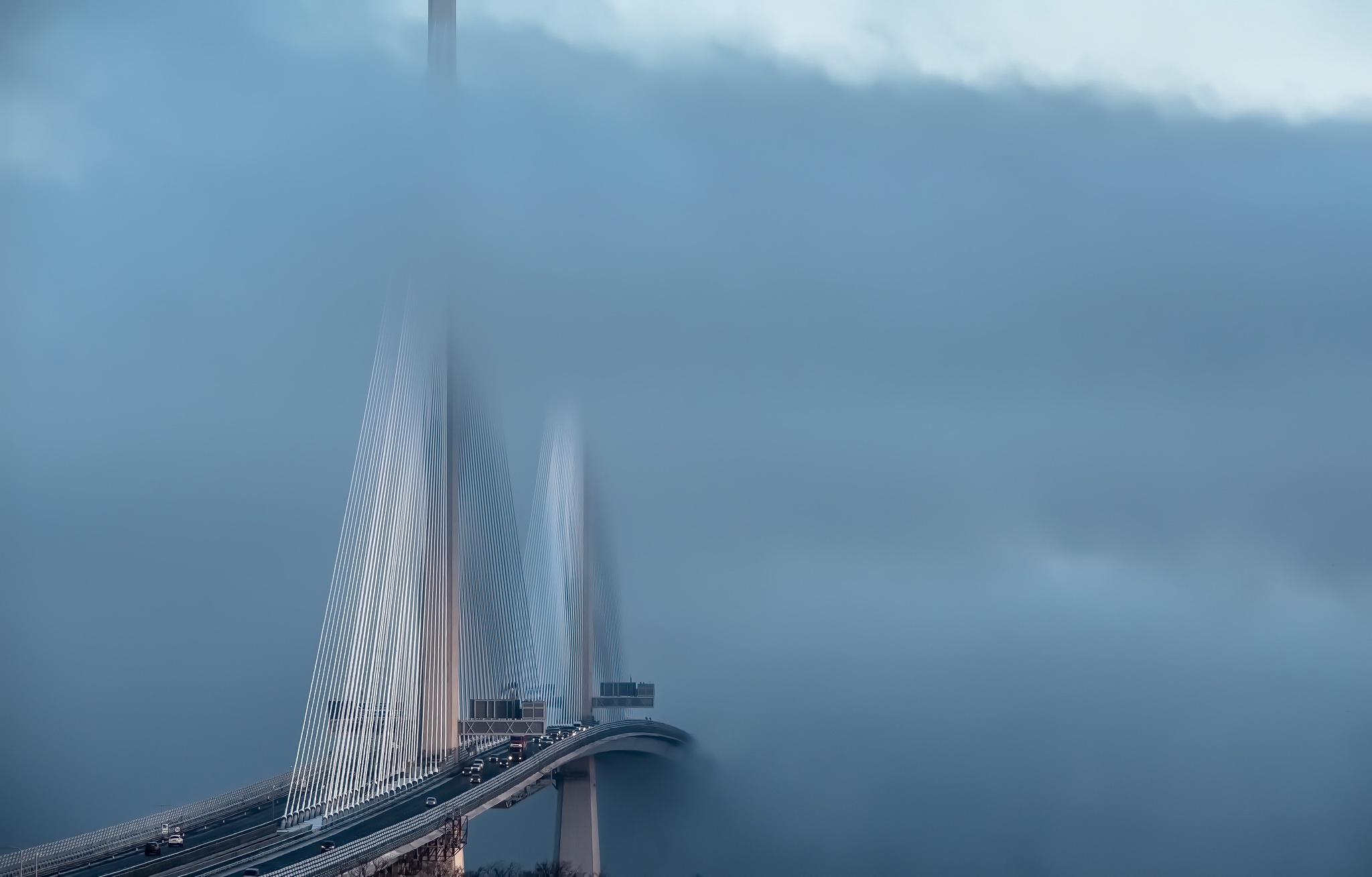 Queensferry Crossing bridge in mist, Scotland HD Wallpaper