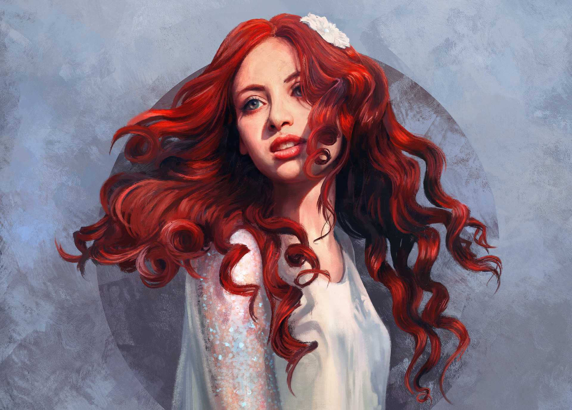 Artwork of a woman with flowing red hair and a white dress HD Wallpaper