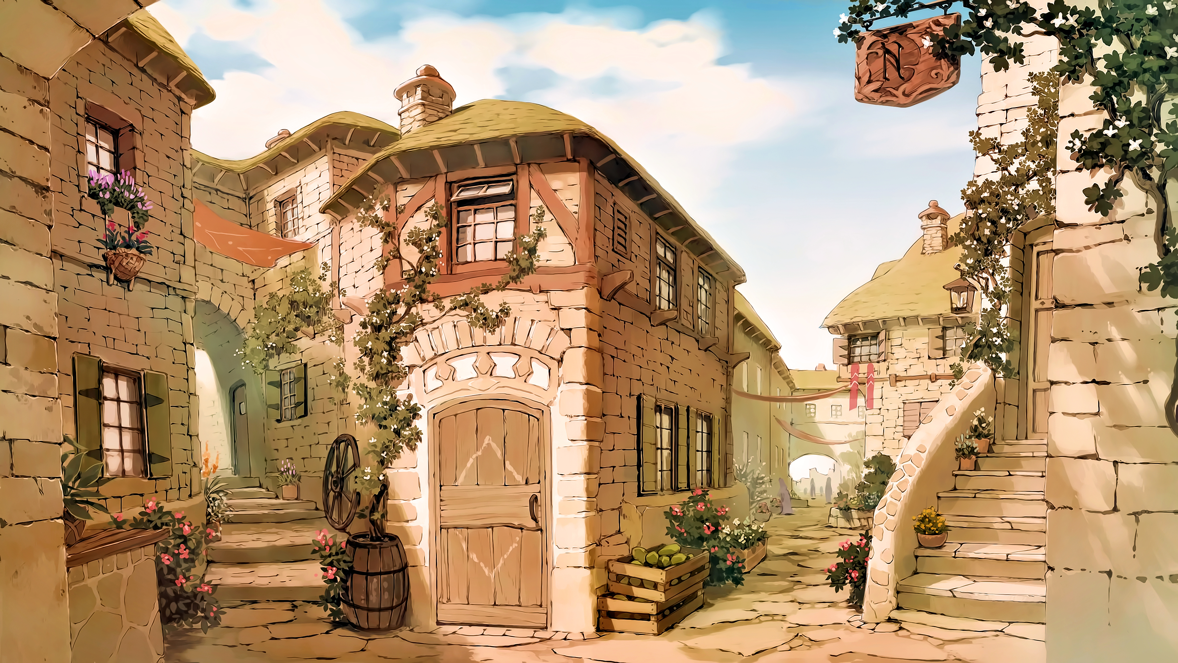 Fantasy village street with stone buildings and flowers HD Wallpaper