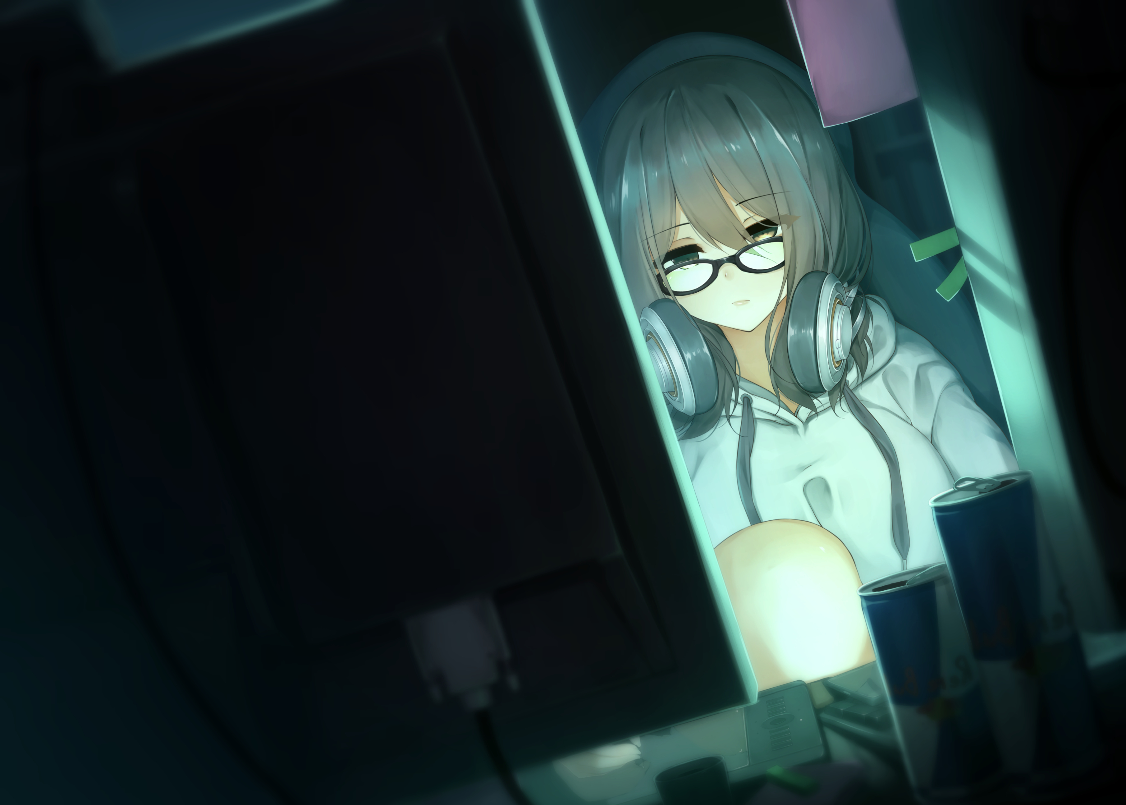 Anime girl with glasses and headset using computer HD Wallpaper
