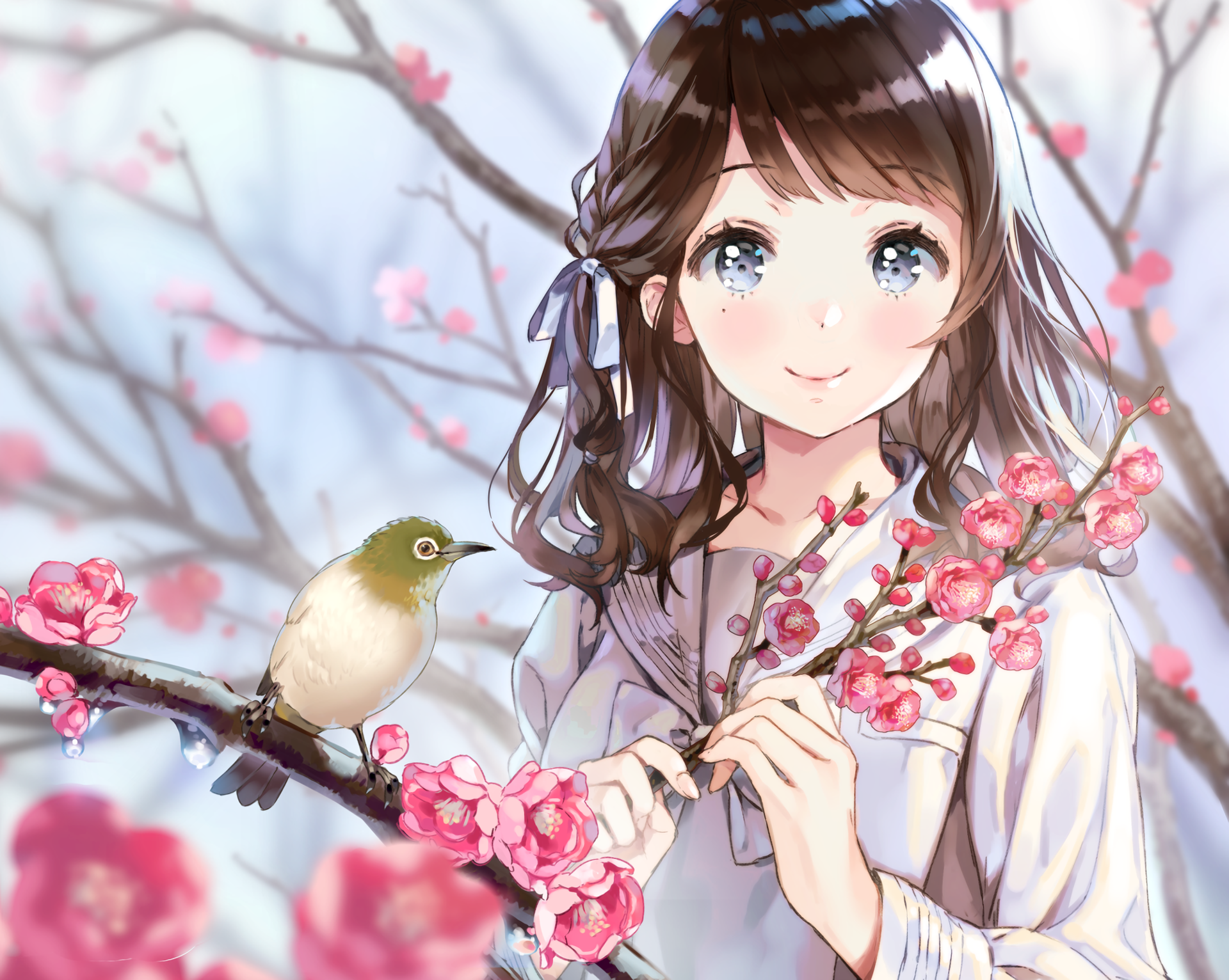 Anime girl with brown hair and blue eyes holding plum blossoms with a bird HD Wallpaper