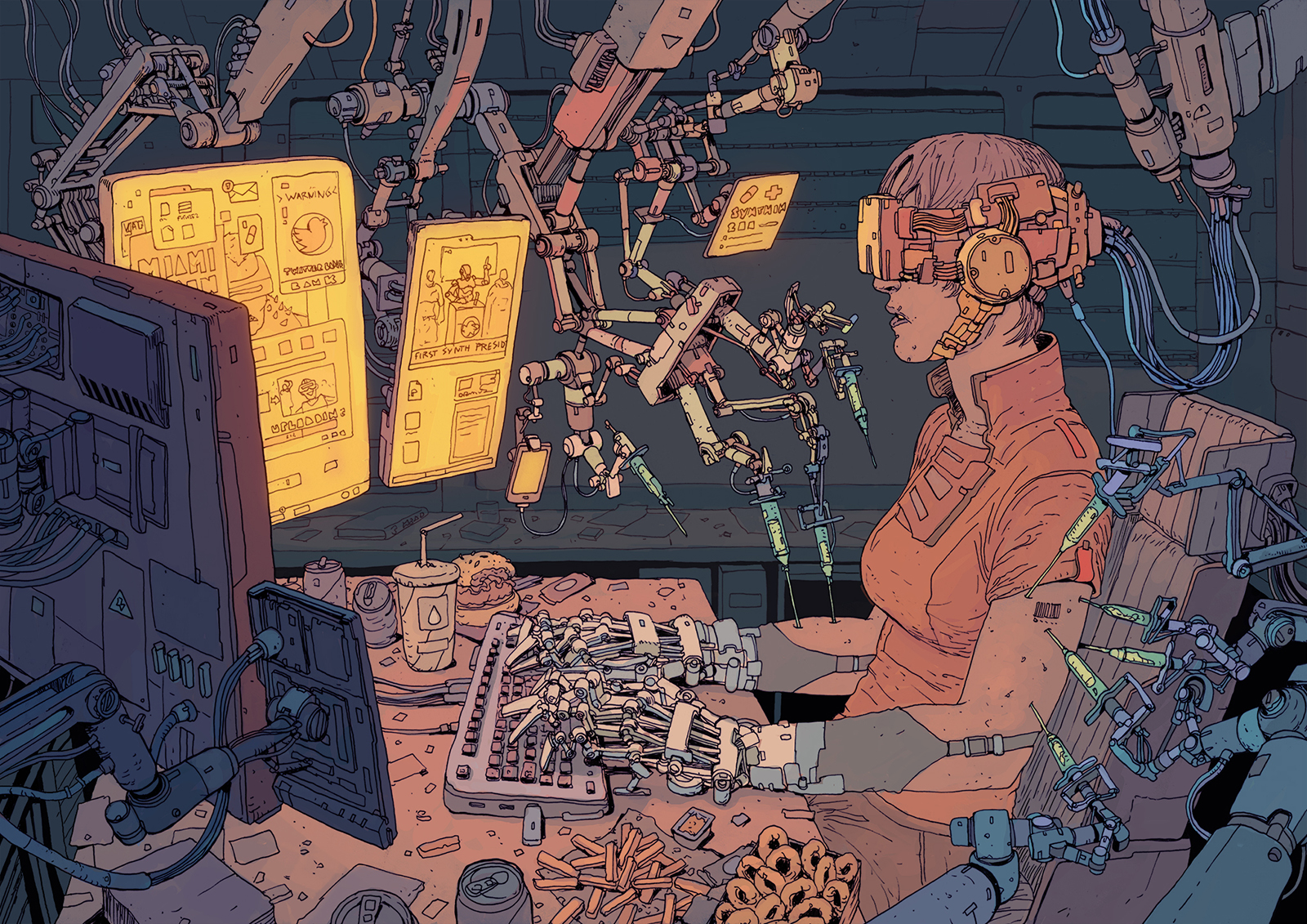 punk, cyborg, drawing, f1x-2, machine, syringe, tech, women HD Wallpaper