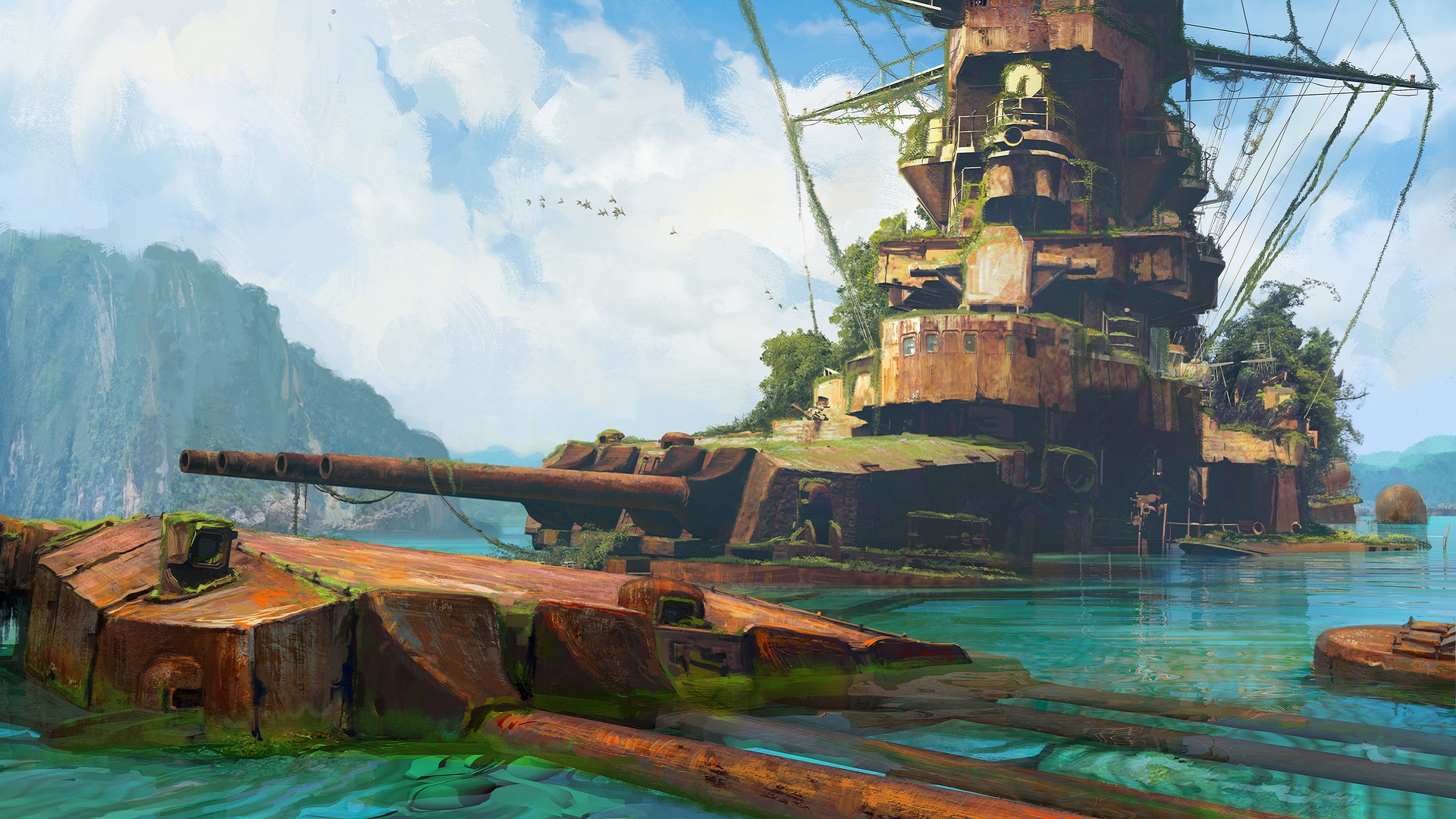 Overgrown Battleship Wreckage in Tropical Sea HD Wallpaper