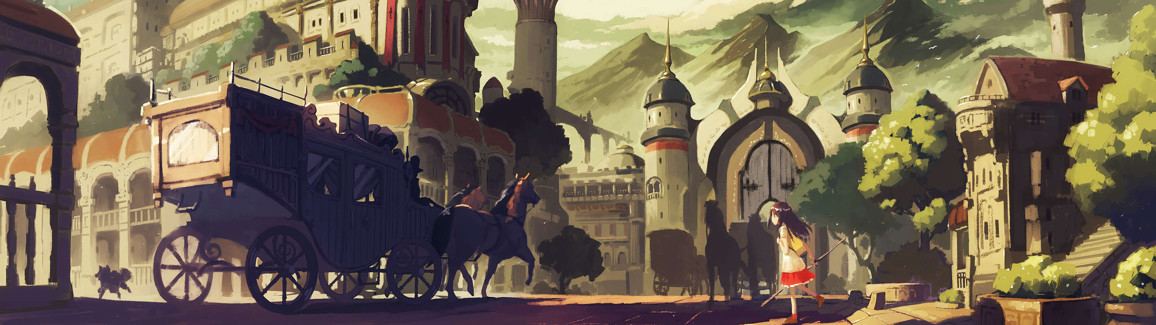 Fantasy town with carriage and anime girl HD Wallpaper