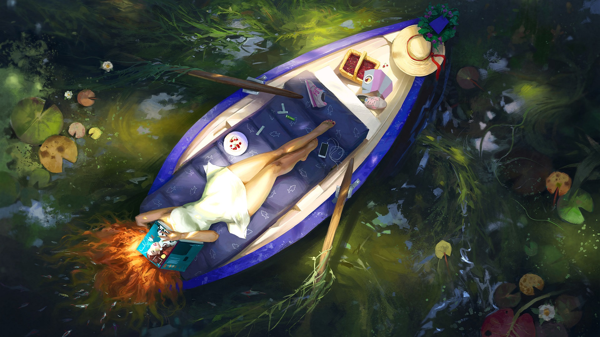 Woman reading in a boat on a river HD Wallpaper