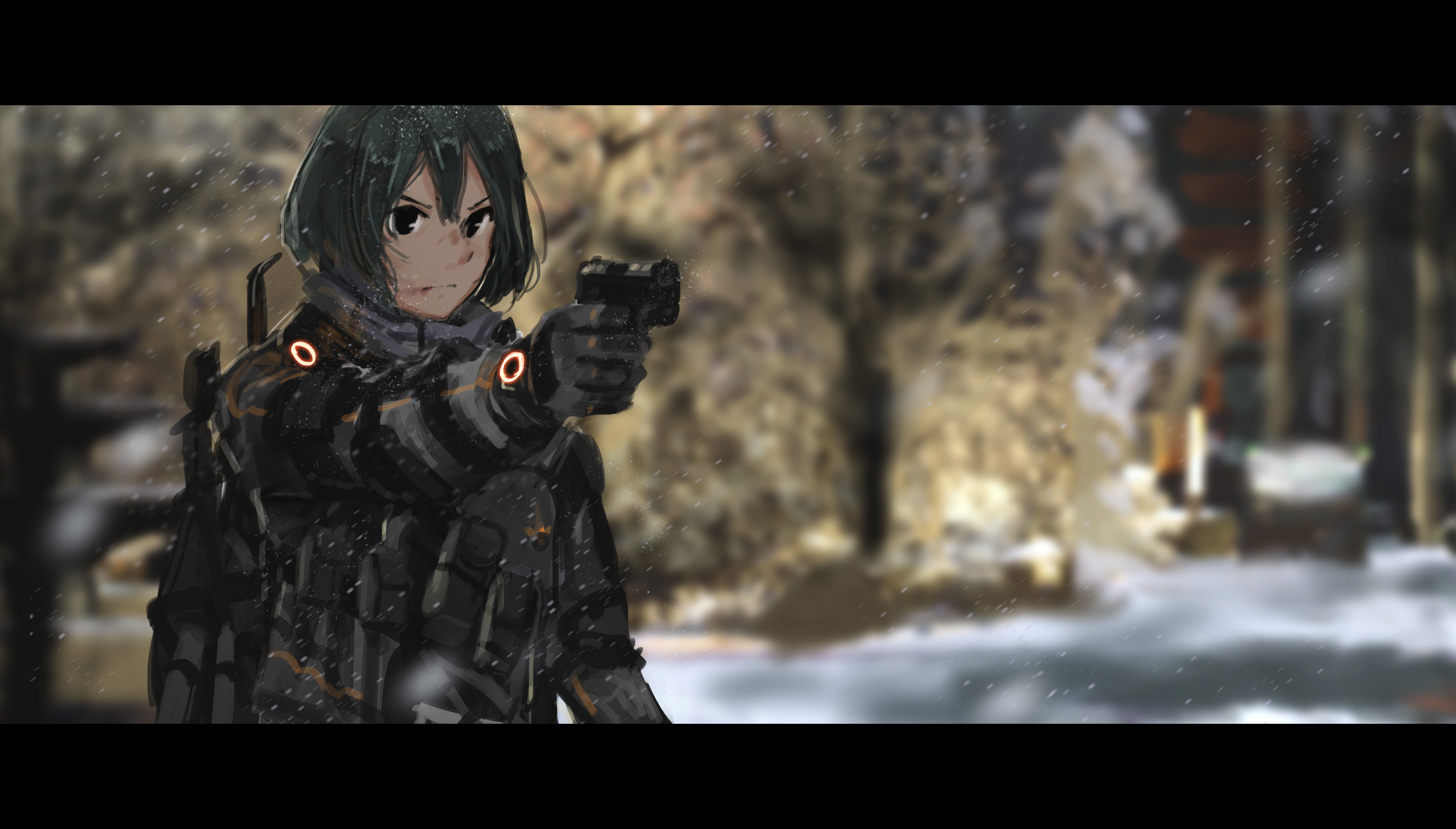 Anime girl with gun in winter HD Wallpaper