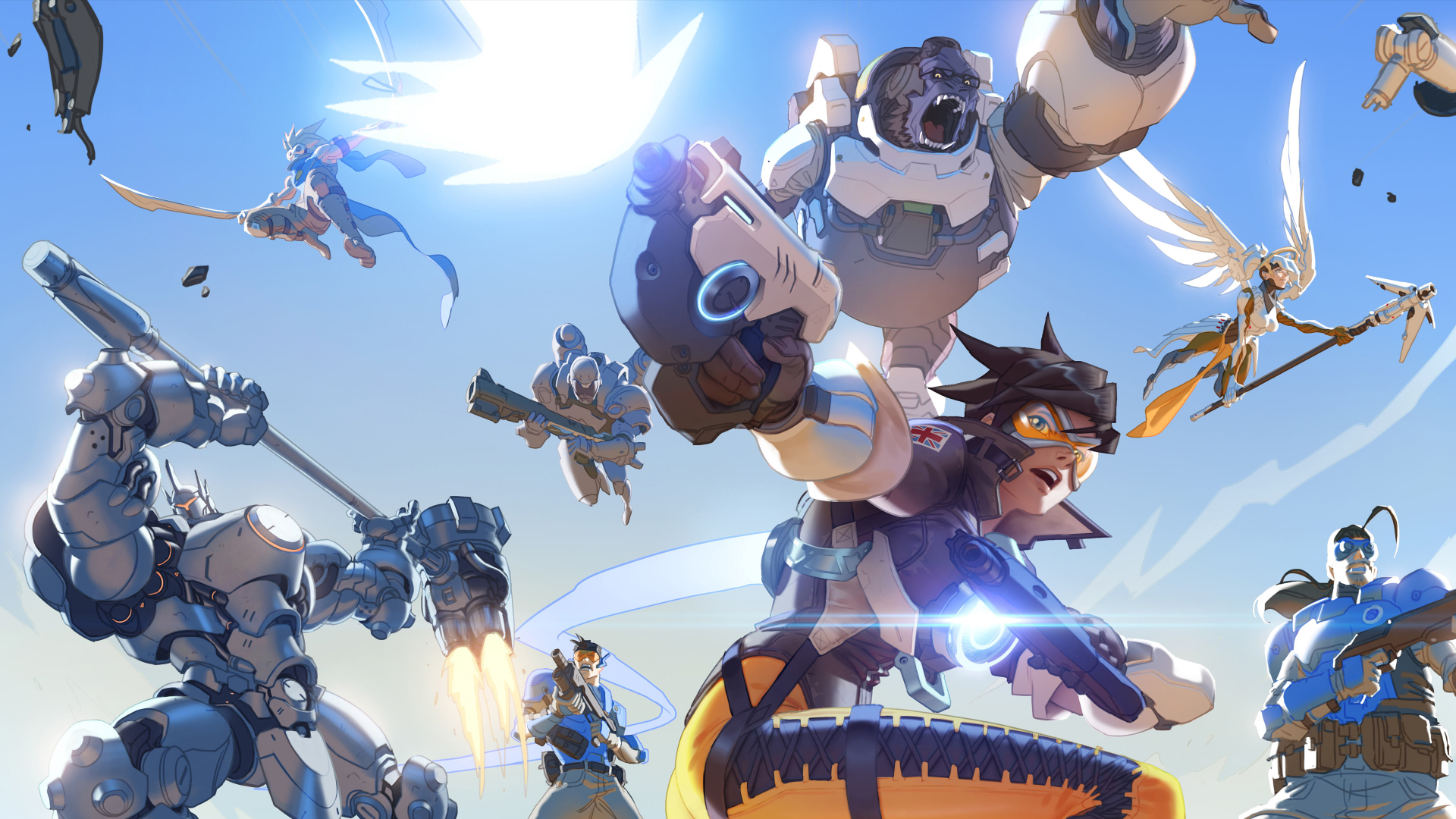 Overwatch characters fighting in the sky HD Wallpaper