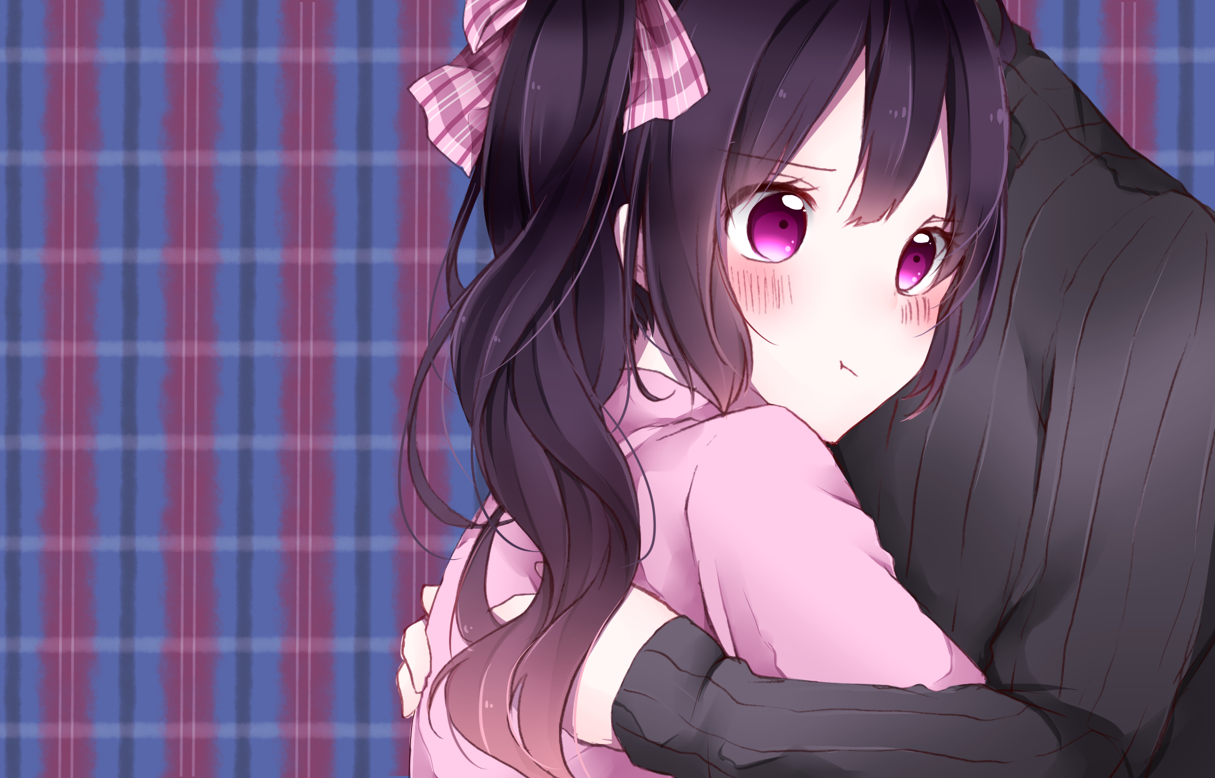 Anime girl with purple eyes hugging someone HD Wallpaper