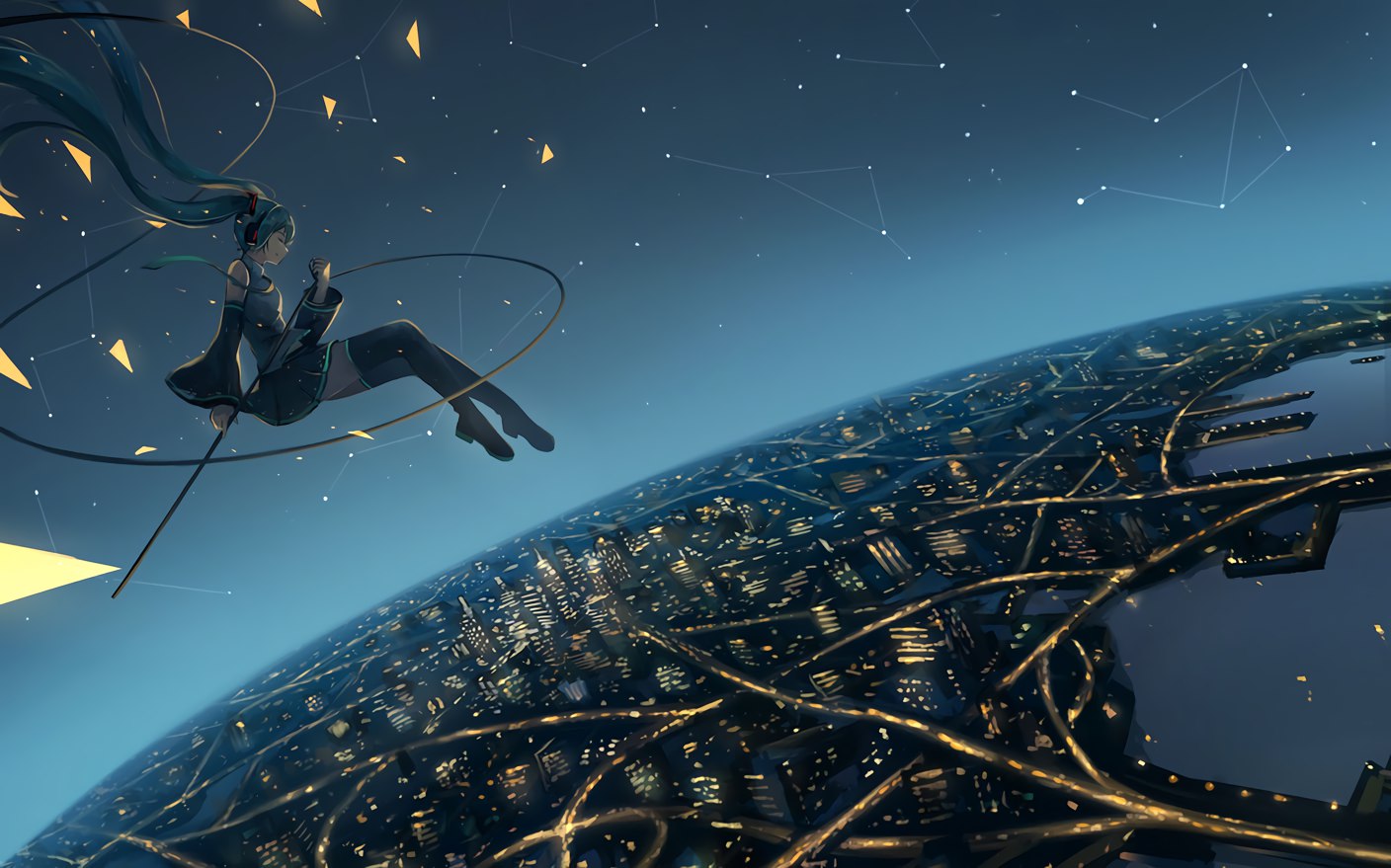Hatsune Miku floating above a futuristic city at night HD Wallpaper